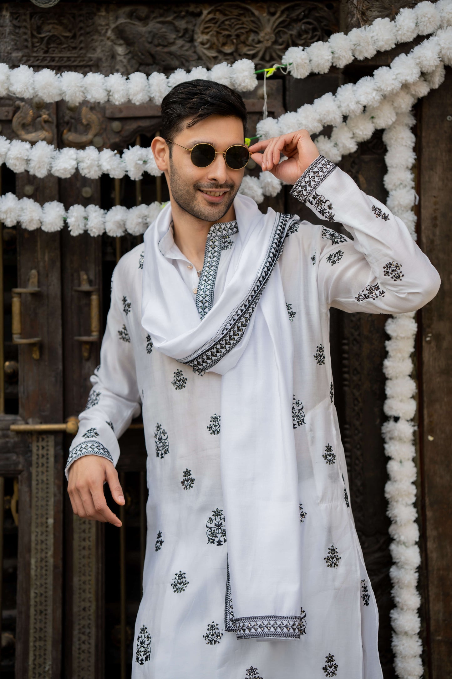 The White Long Kurta With Black Embroidery and Sequins Work With Dupatta Set