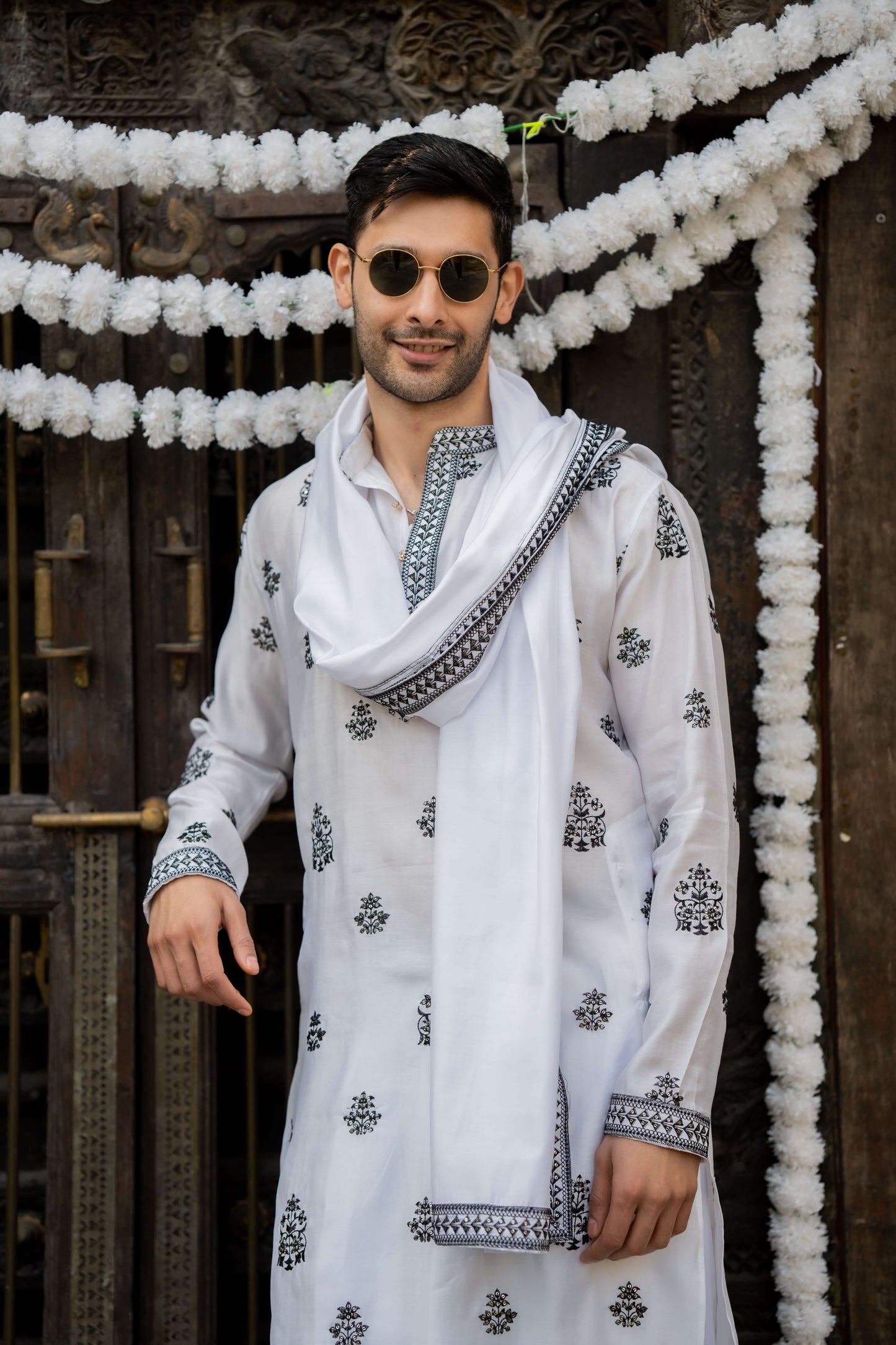 The White Long Kurta With Black Embroidery and Sequins Work With Dupatta Set