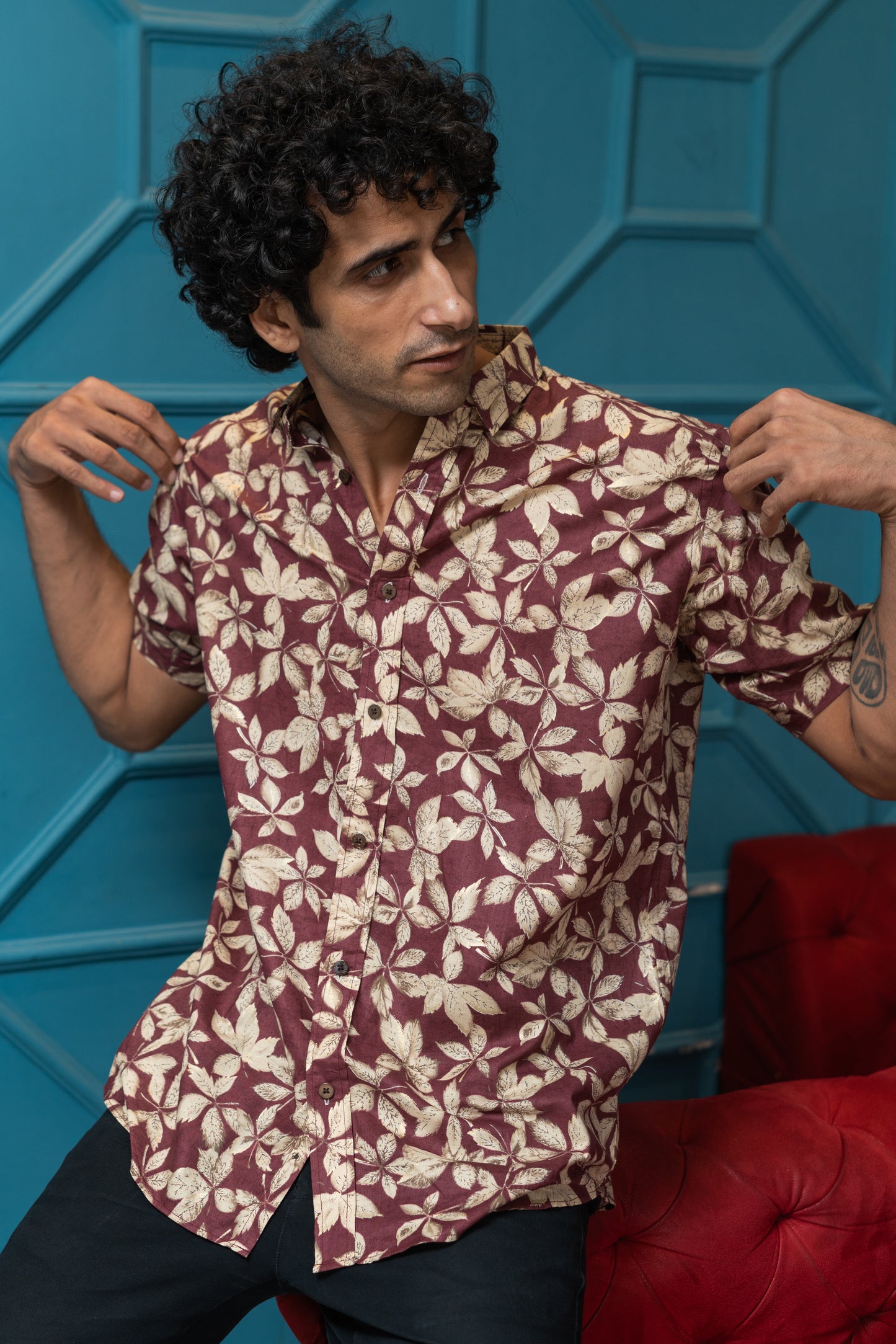 The Maroon All-Over Floral Foil Print Half Sleeves Shirt