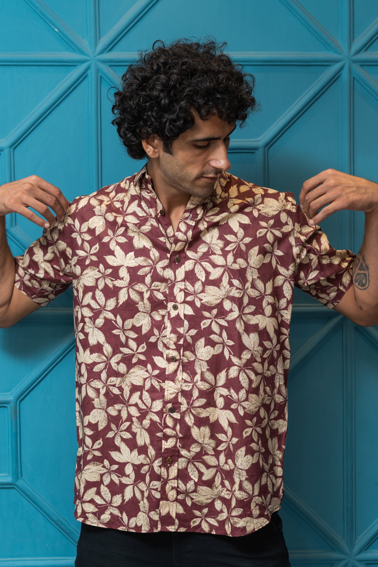 The Maroon All-Over Floral Foil Print Half Sleeves Shirt