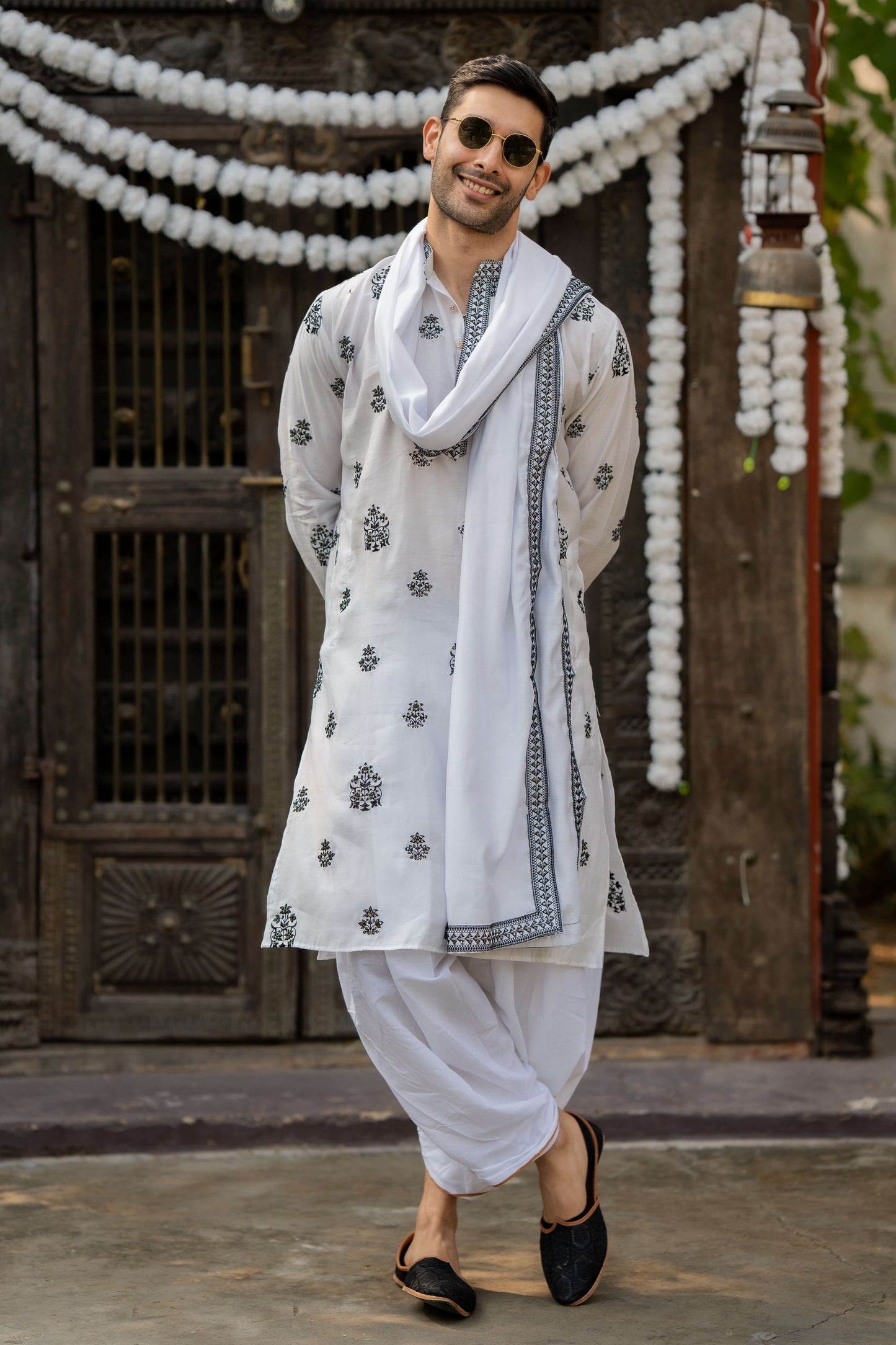 The White Long Kurta With Black Embroidery and Sequins Work With Dupatta Set