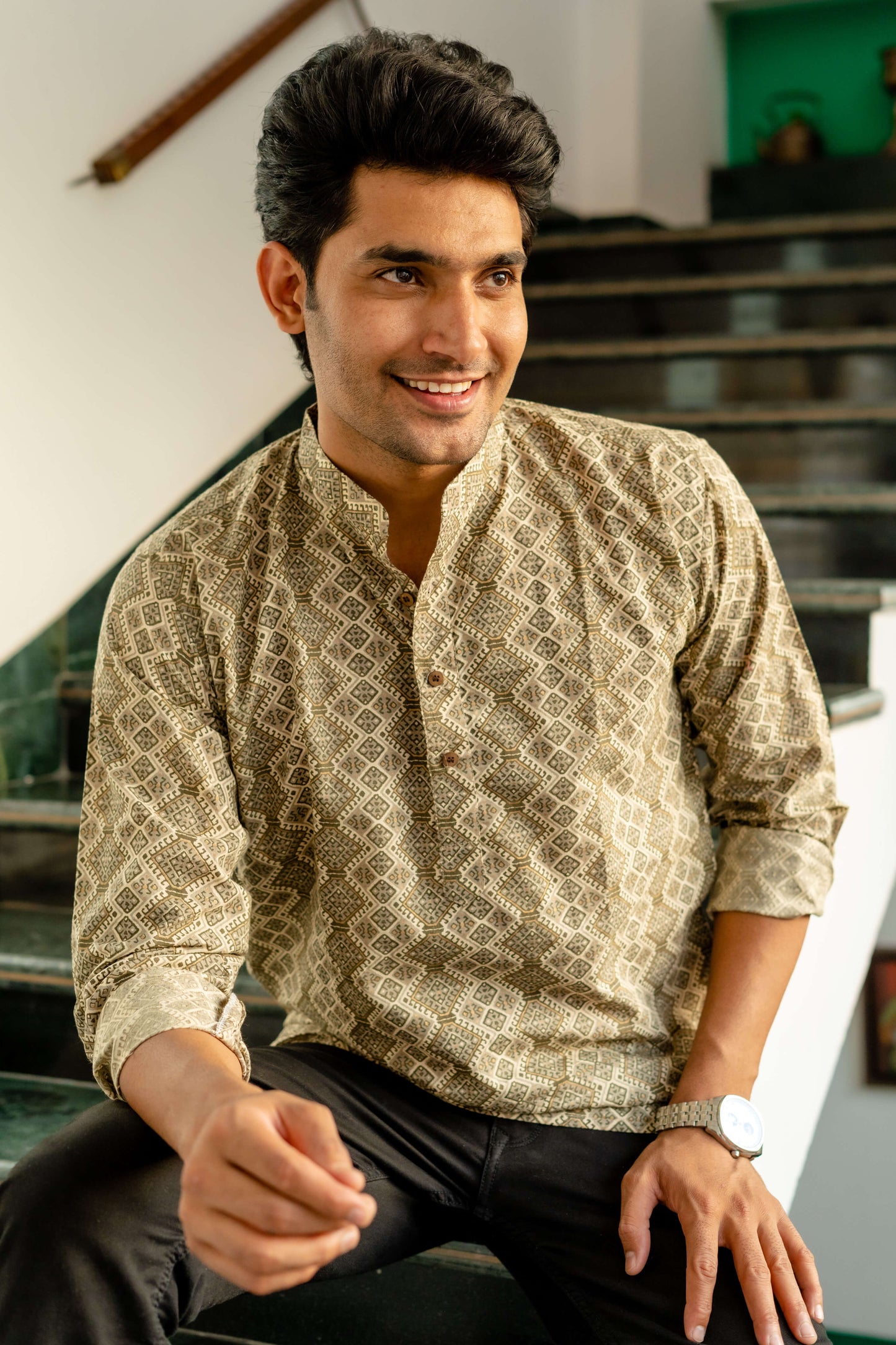 The Off-White And Olve Green Tribal Print Short Kurta