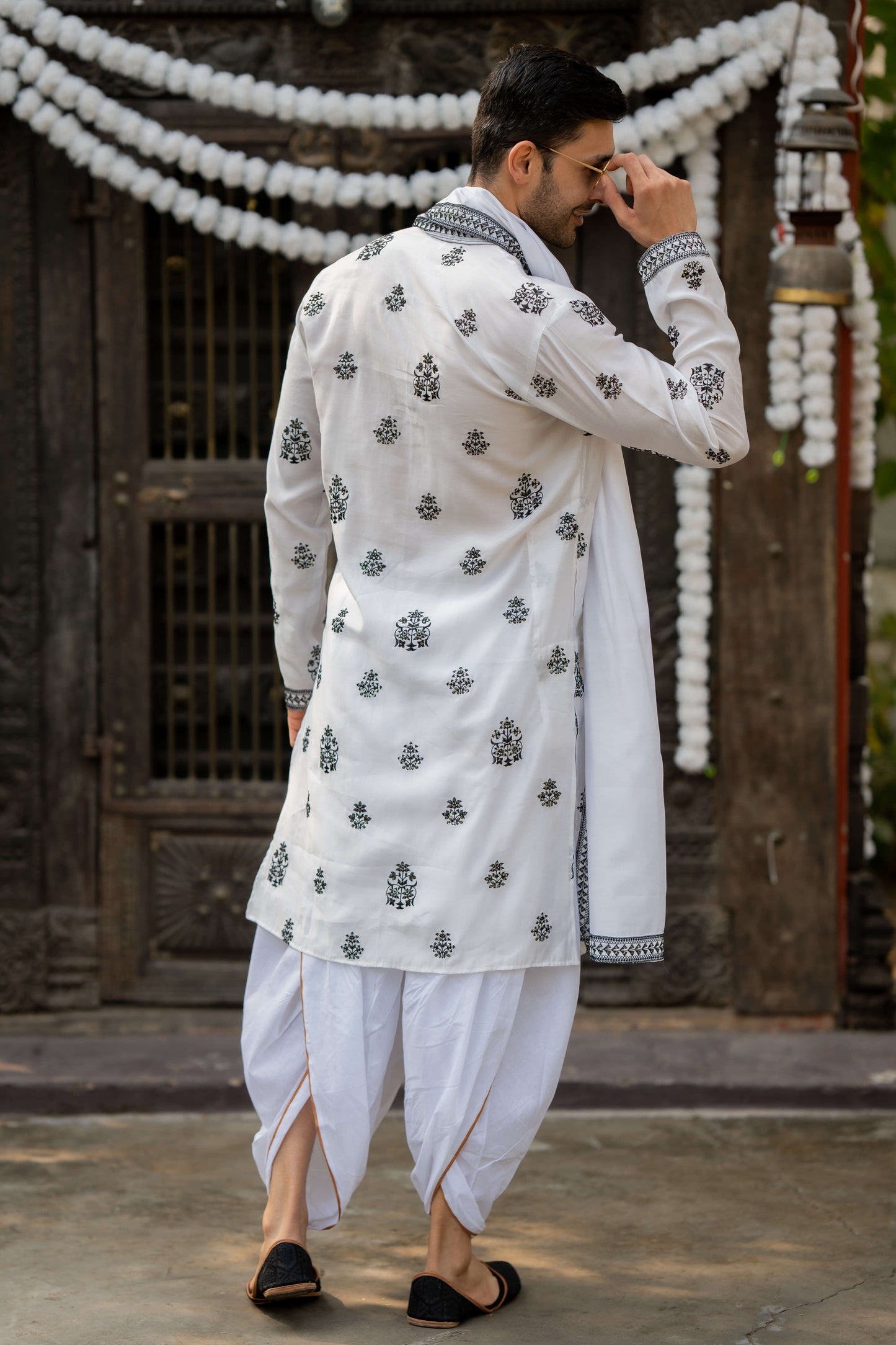 The White Long Kurta With Black Embroidery and Sequins Work With Dupatta Set