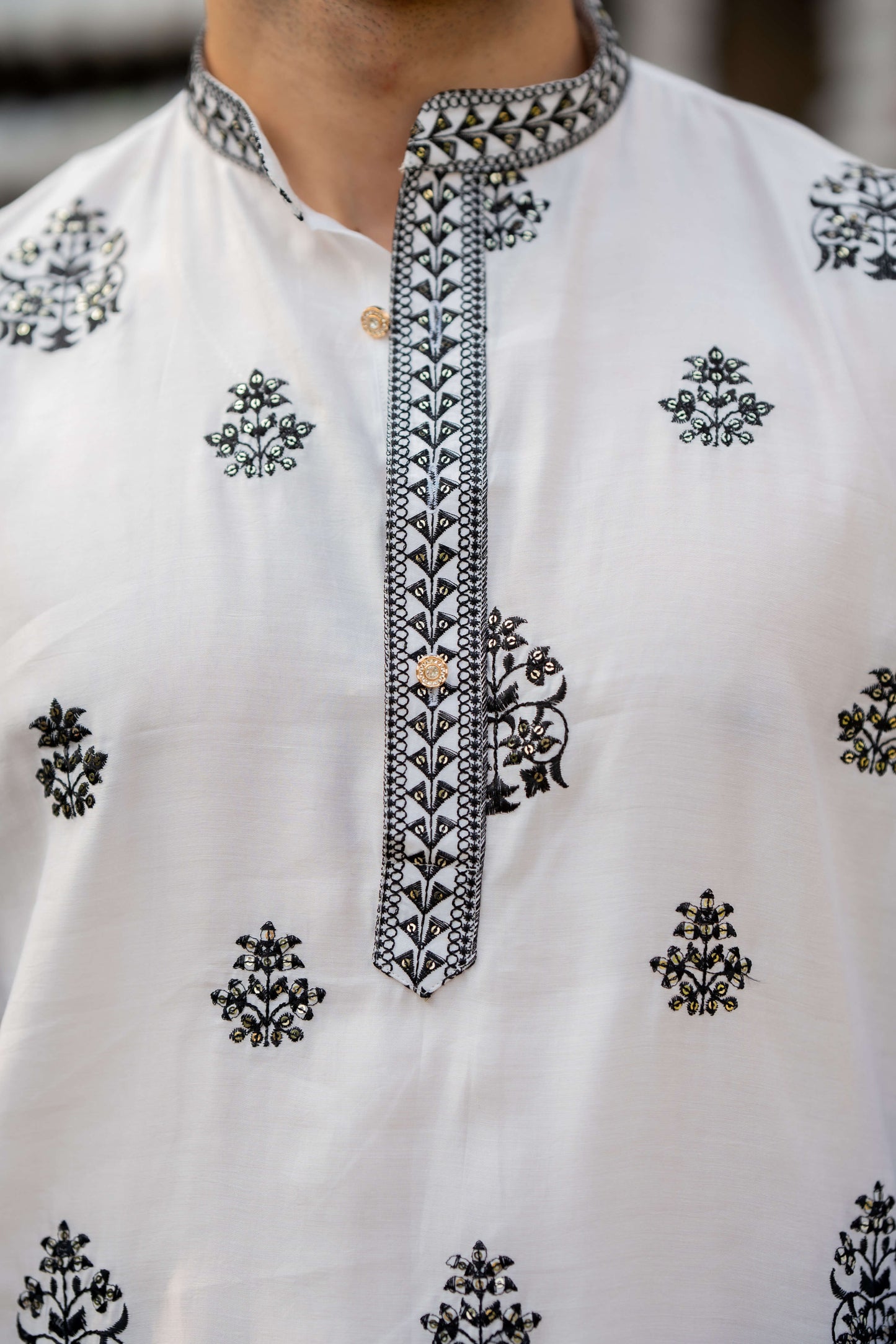 The White Long Kurta With Black Embroidery and Sequins Work With Dupatta Set