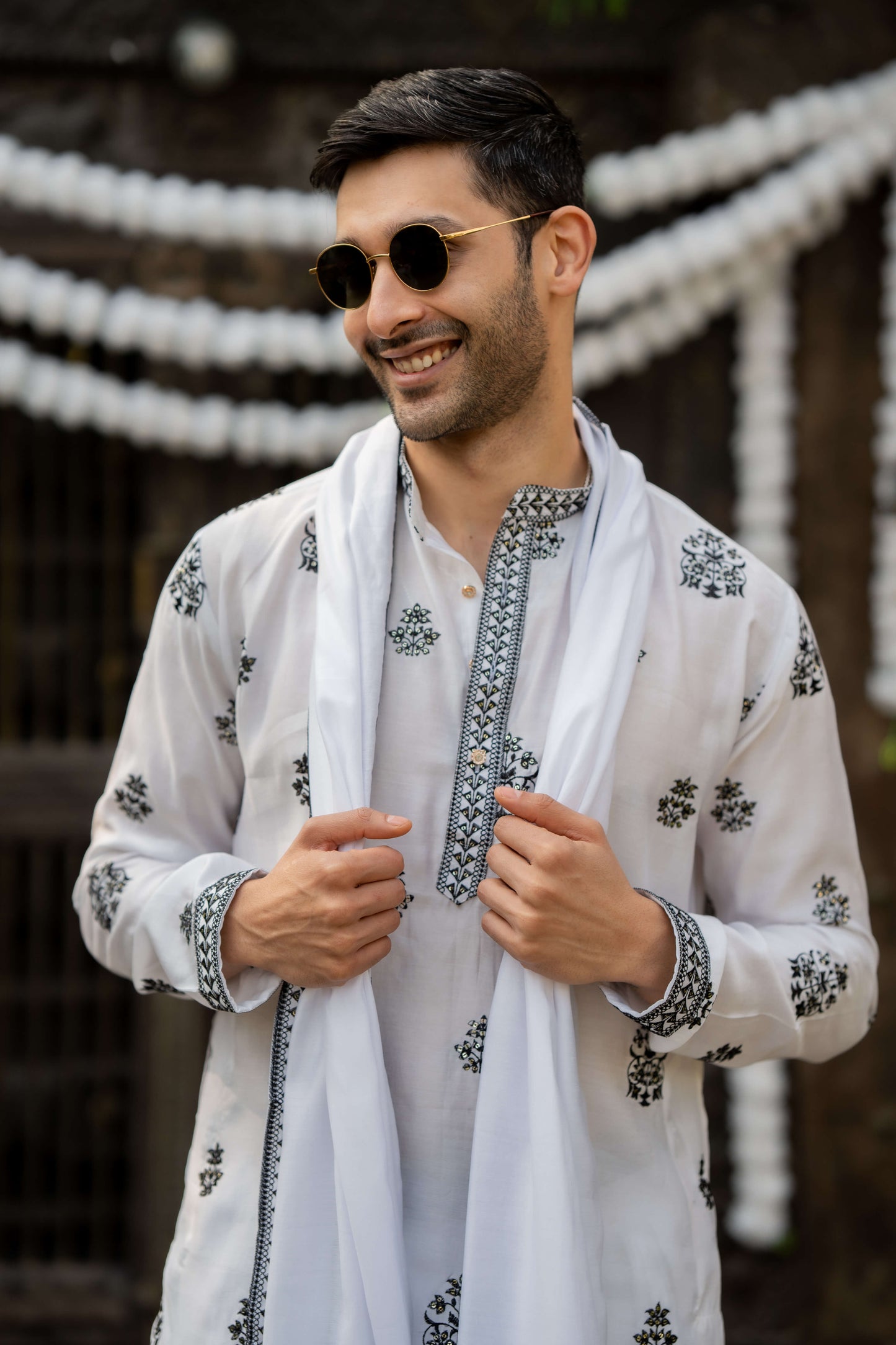 The White Long Kurta With Black Embroidery and Sequins Work With Dupatta Set