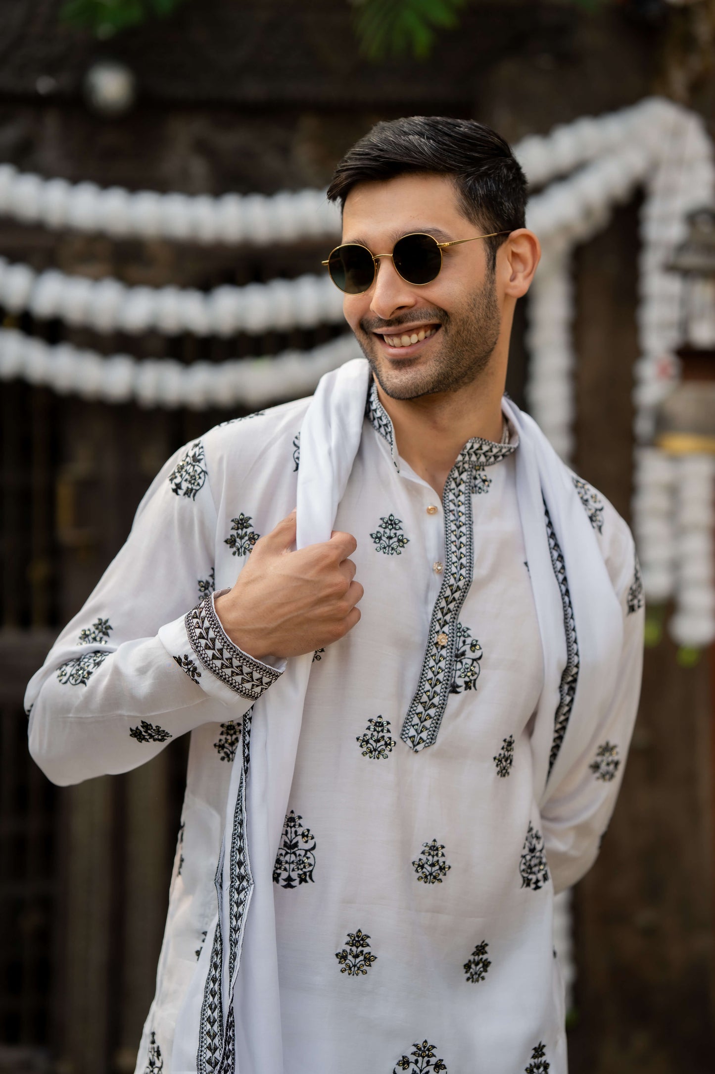 The White Long Kurta With Black Embroidery and Sequins Work With Dupatta Set
