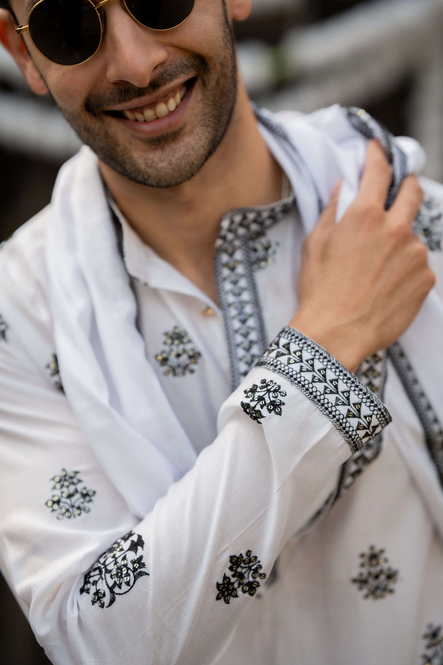 The White Long Kurta With Black Embroidery and Sequins Work With Dupatta Set