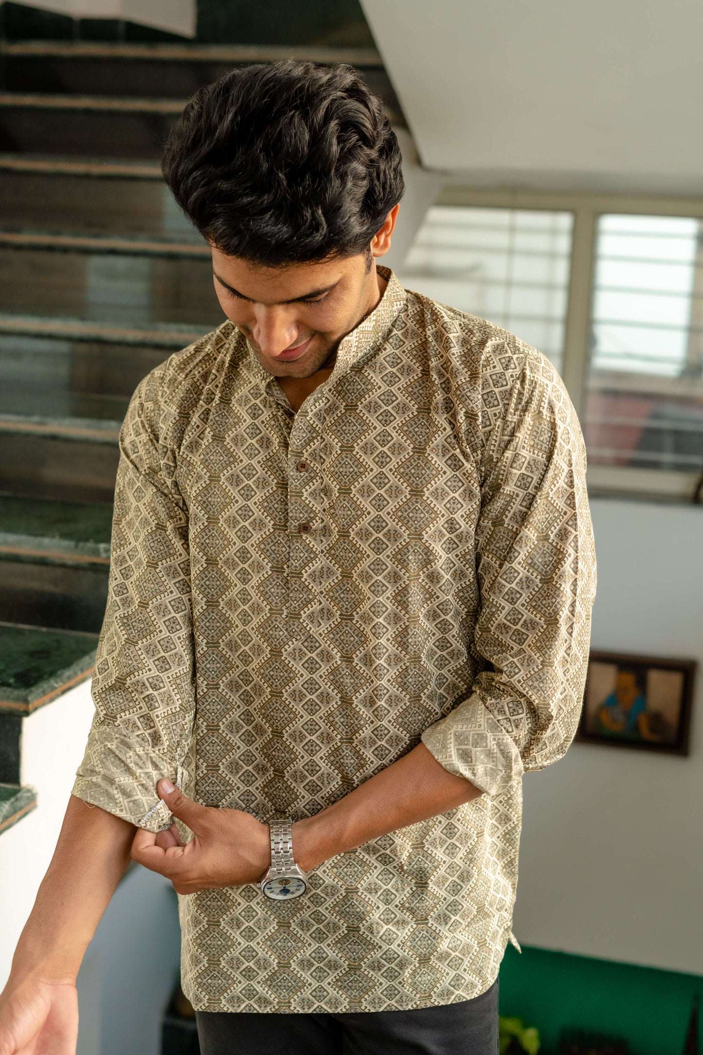 The Off-White And Olve Green Tribal Print Short Kurta