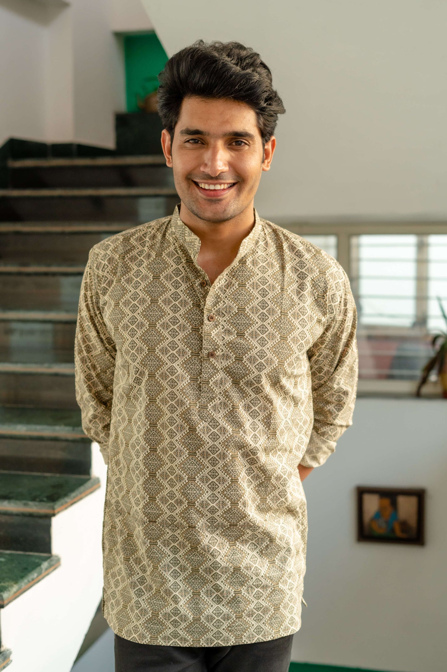 The Off-White And Olve Green Tribal Print Short Kurta