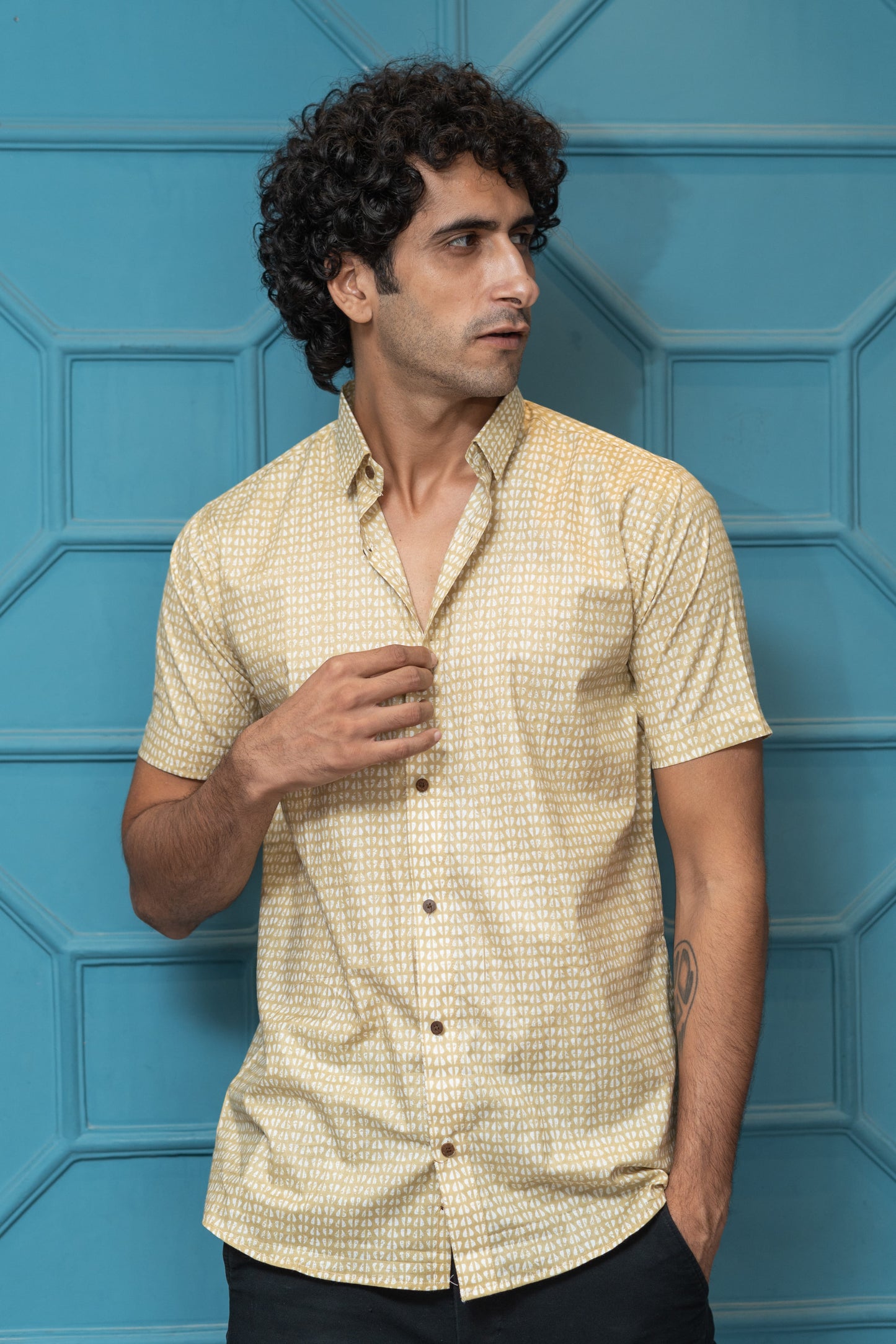 The Light Mustard Tribal Print Half Sleeves Shirt