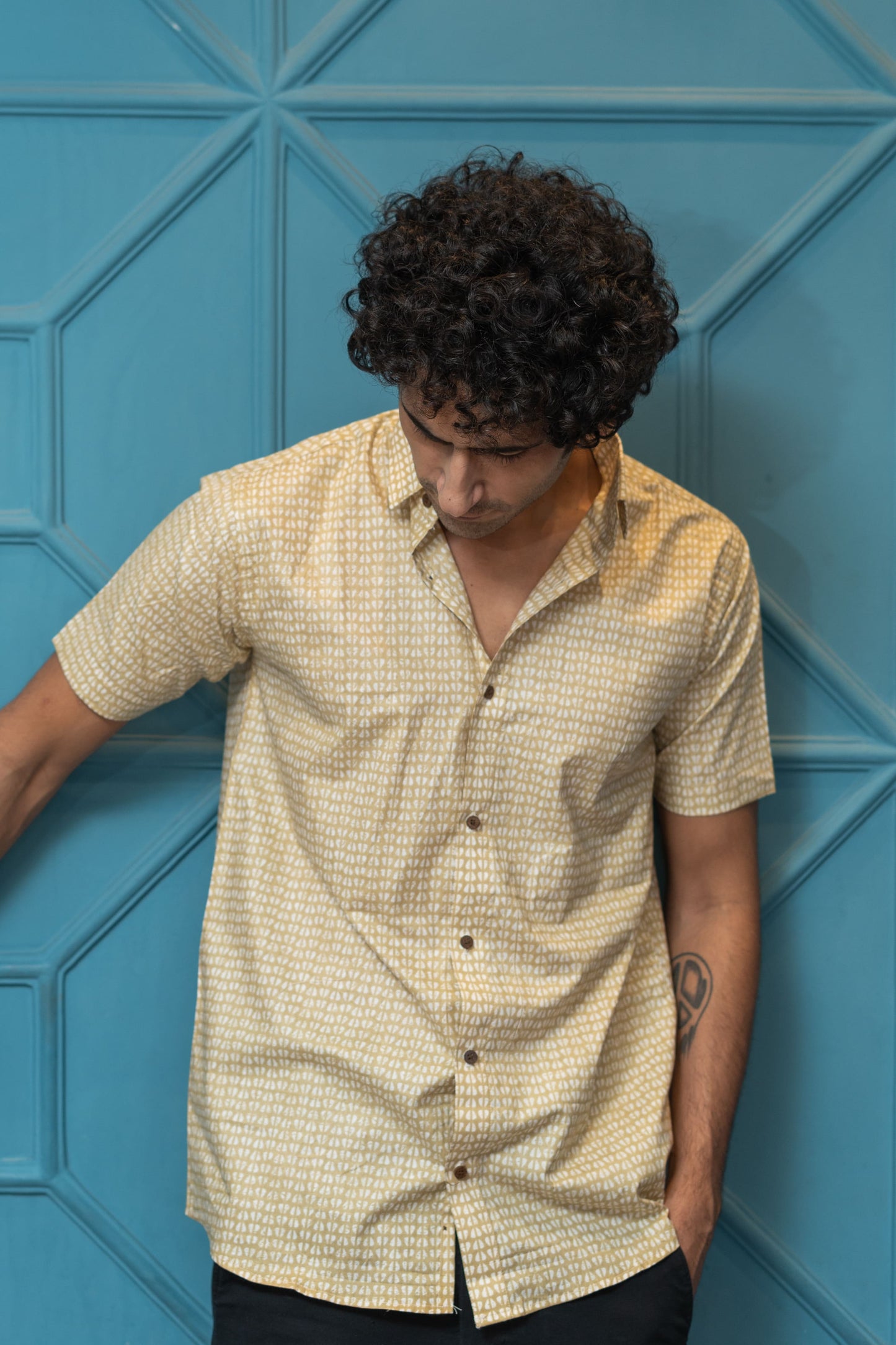 The Light Mustard Tribal Print Half Sleeves Shirt