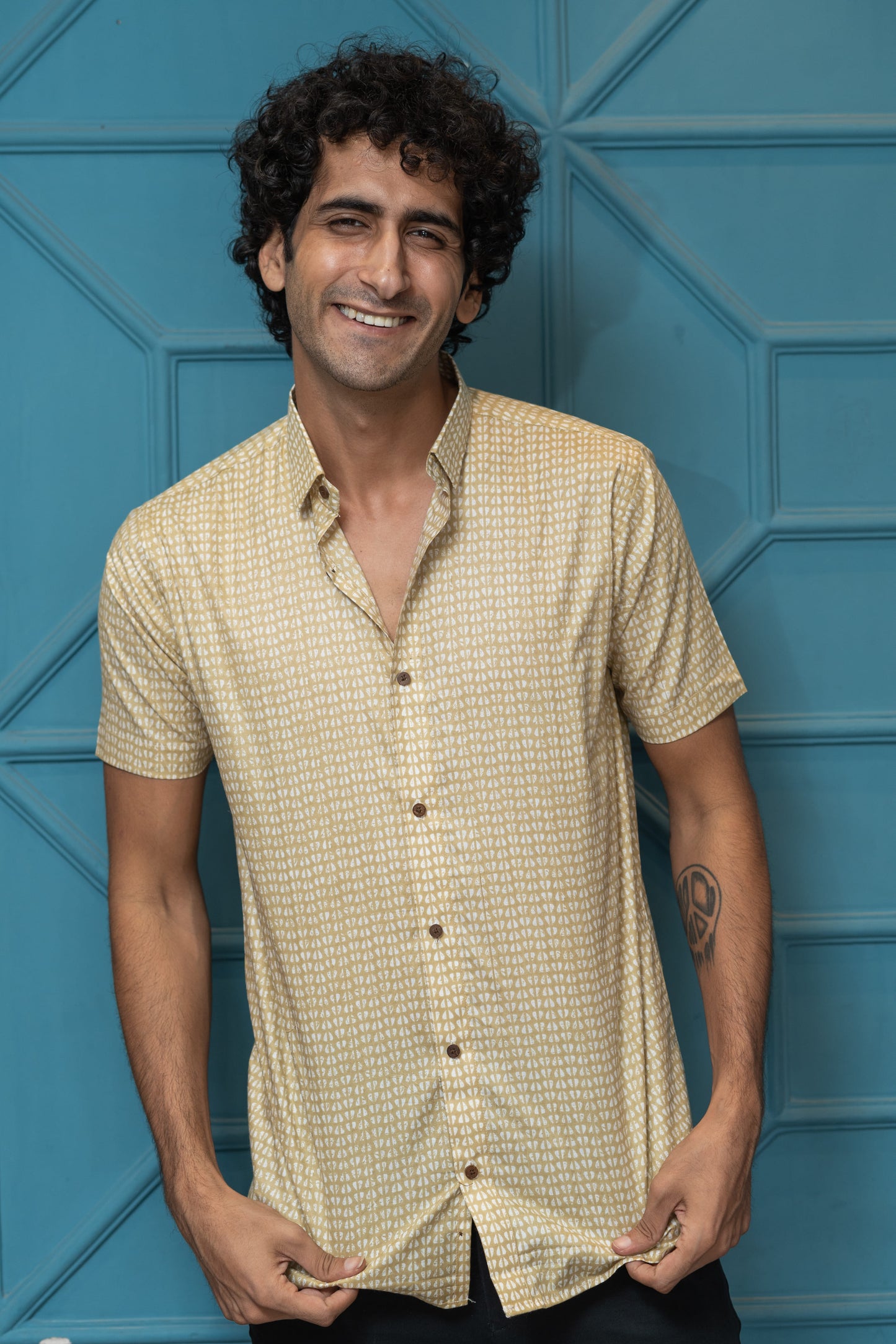 The Light Mustard Tribal Print Half Sleeves Shirt