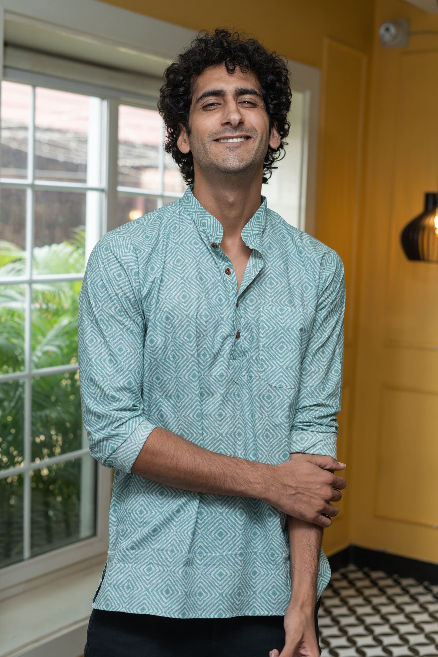 The Pastel Blue And White Geometric Print Short Kurta