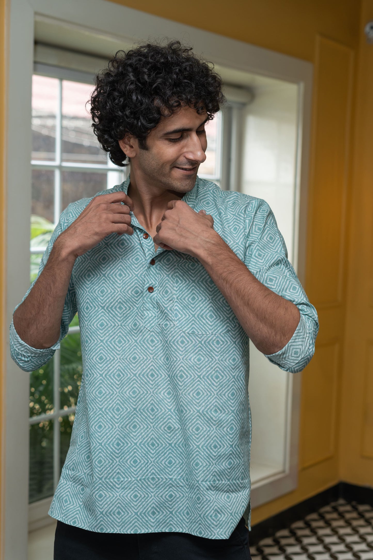 The Pastel Blue And White Geometric Print Short Kurta