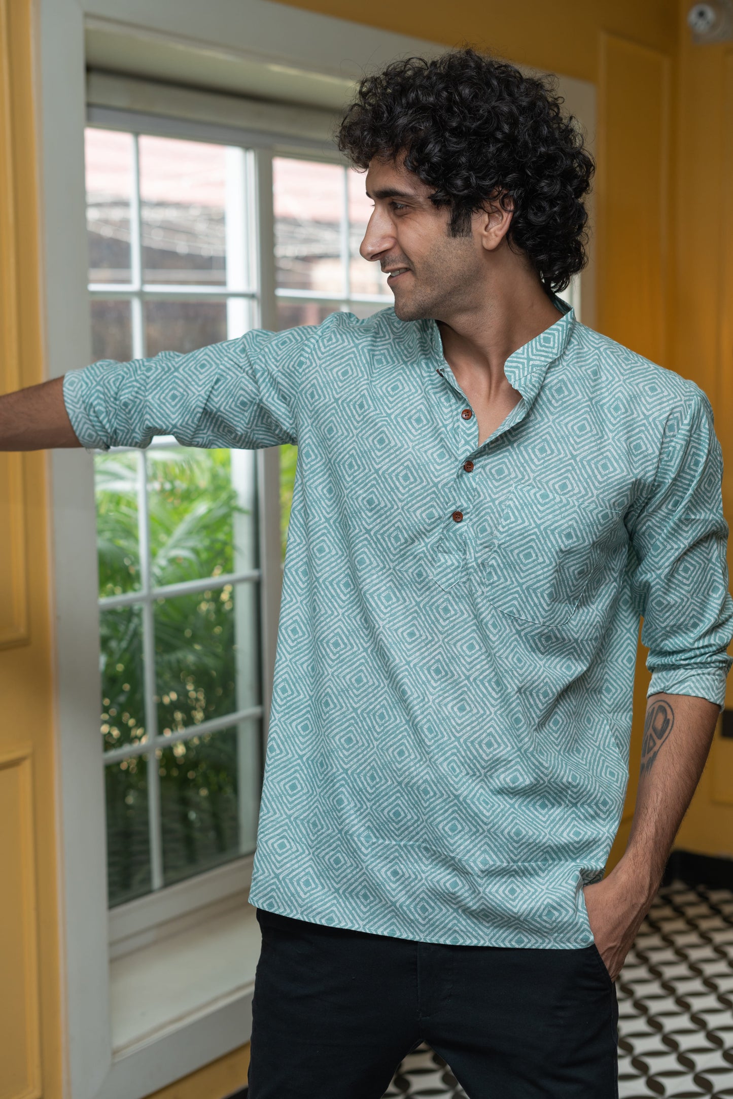 The Pastel Blue And White Geometric Print Short Kurta
