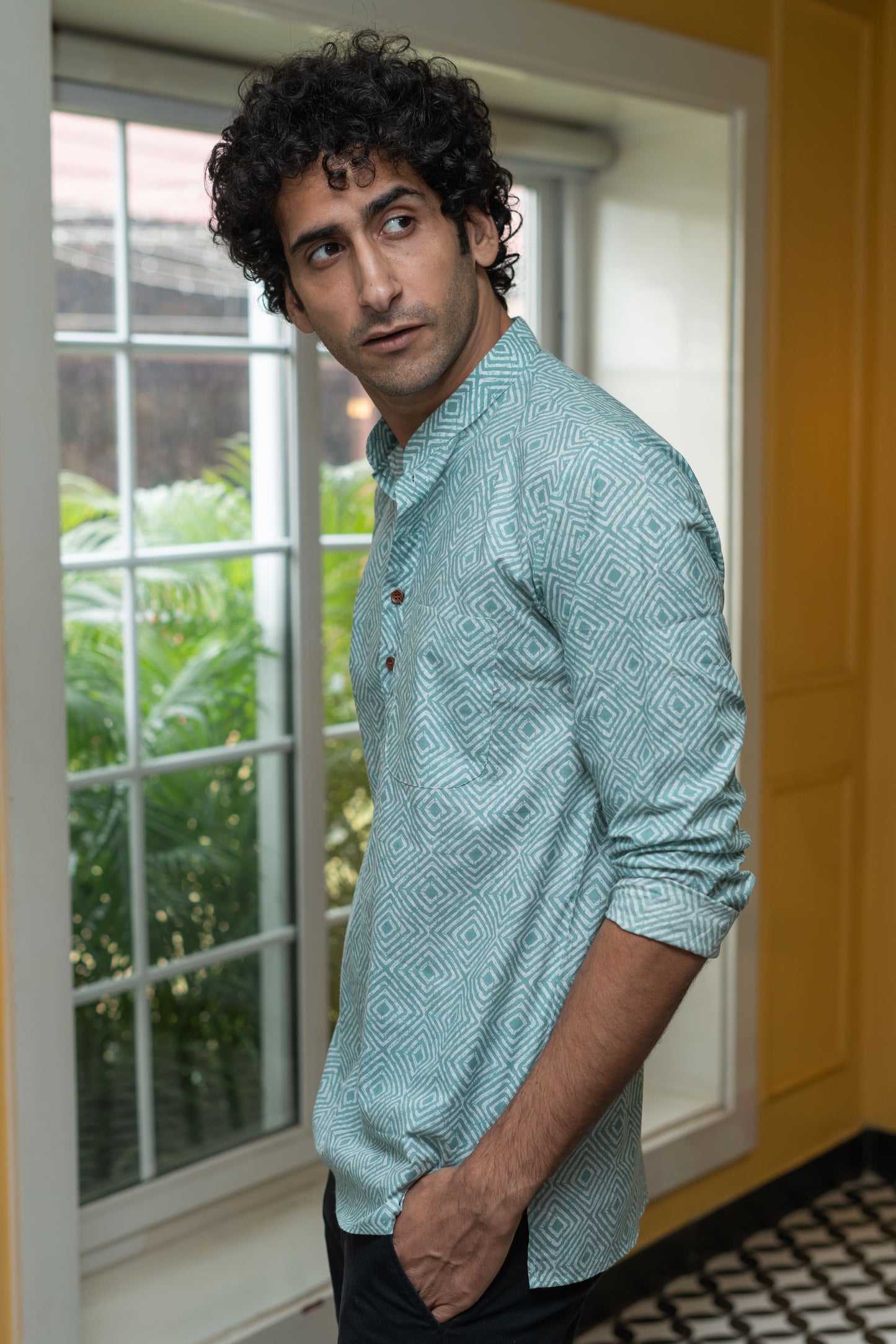 The Pastel Blue And White Geometric Print Short Kurta