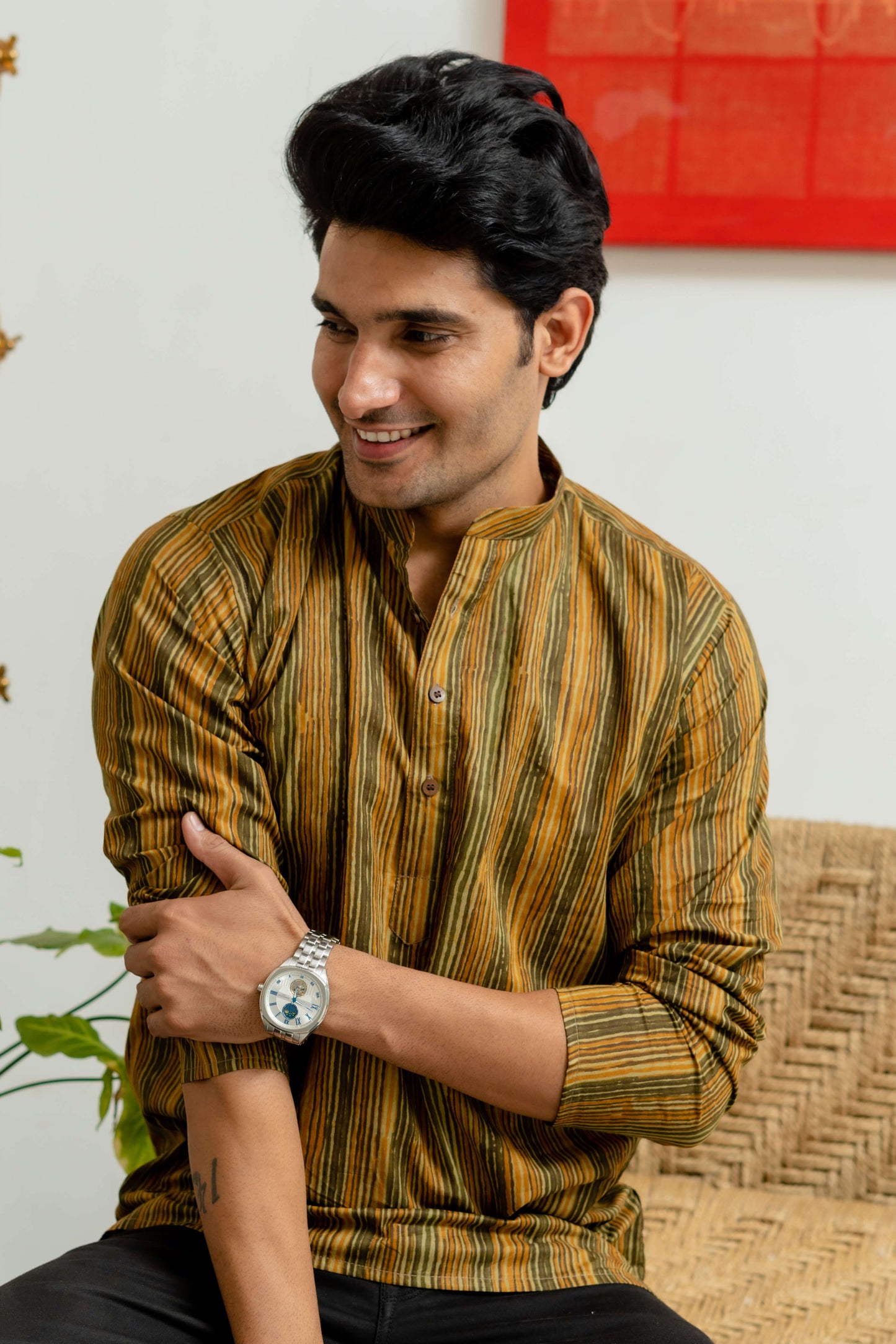 The Mustard And Olive Green Tribal Stripe Print Short Kurta