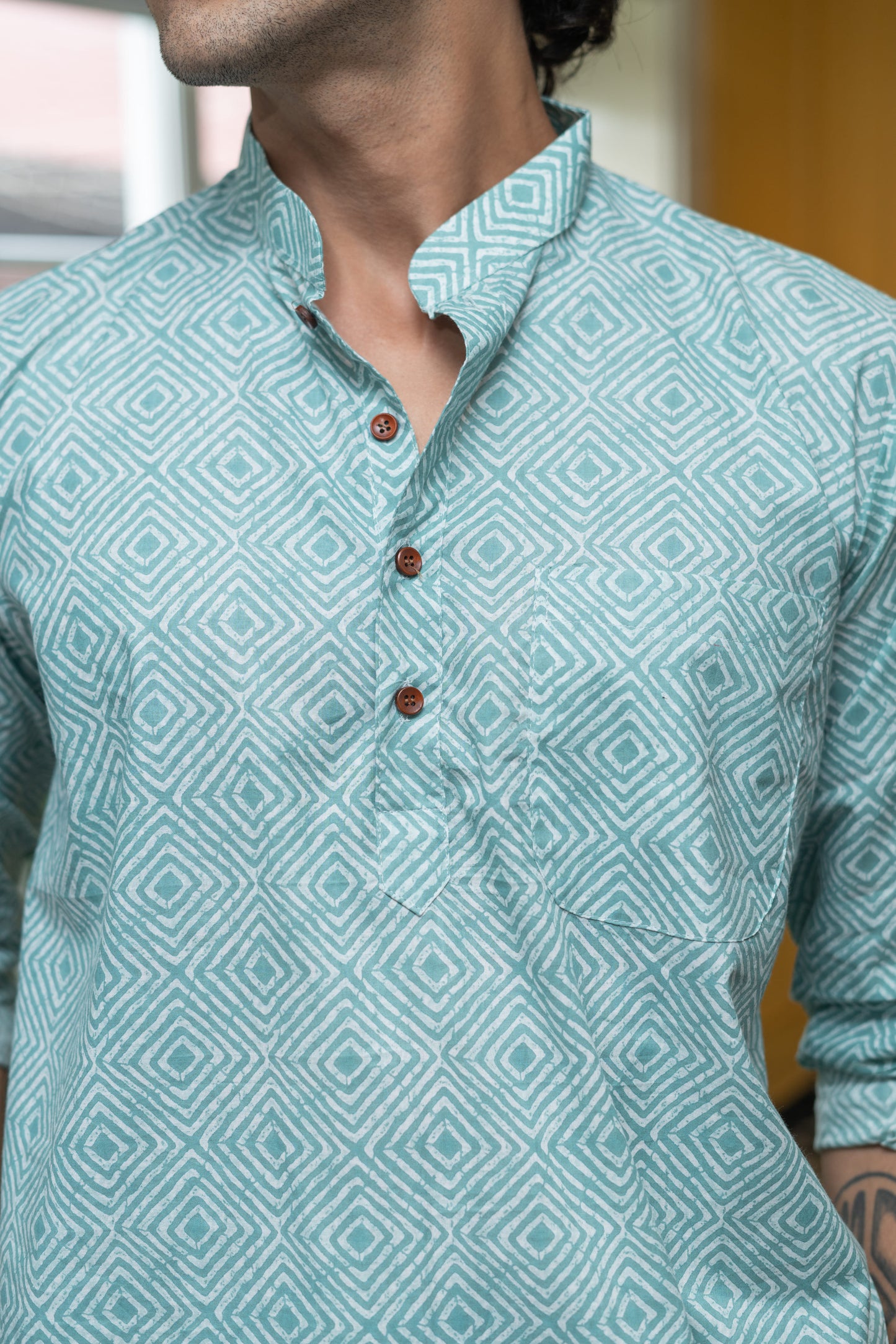 The Pastel Blue And White Geometric Print Short Kurta