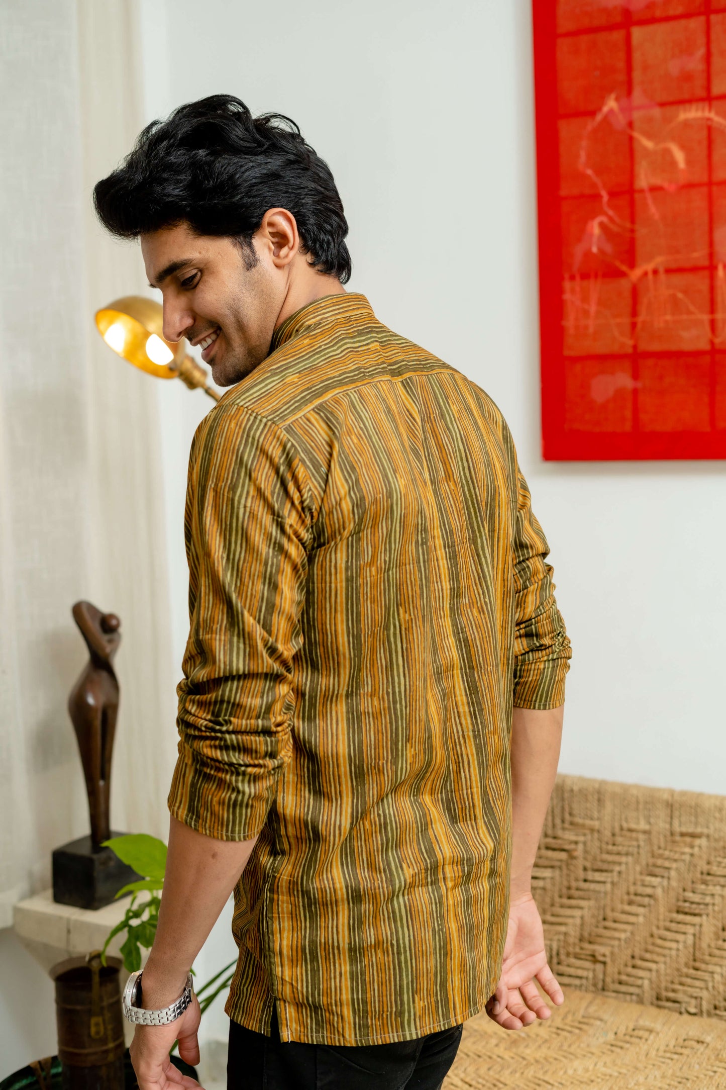 The Mustard And Olive Green Tribal Stripe Print Short Kurta