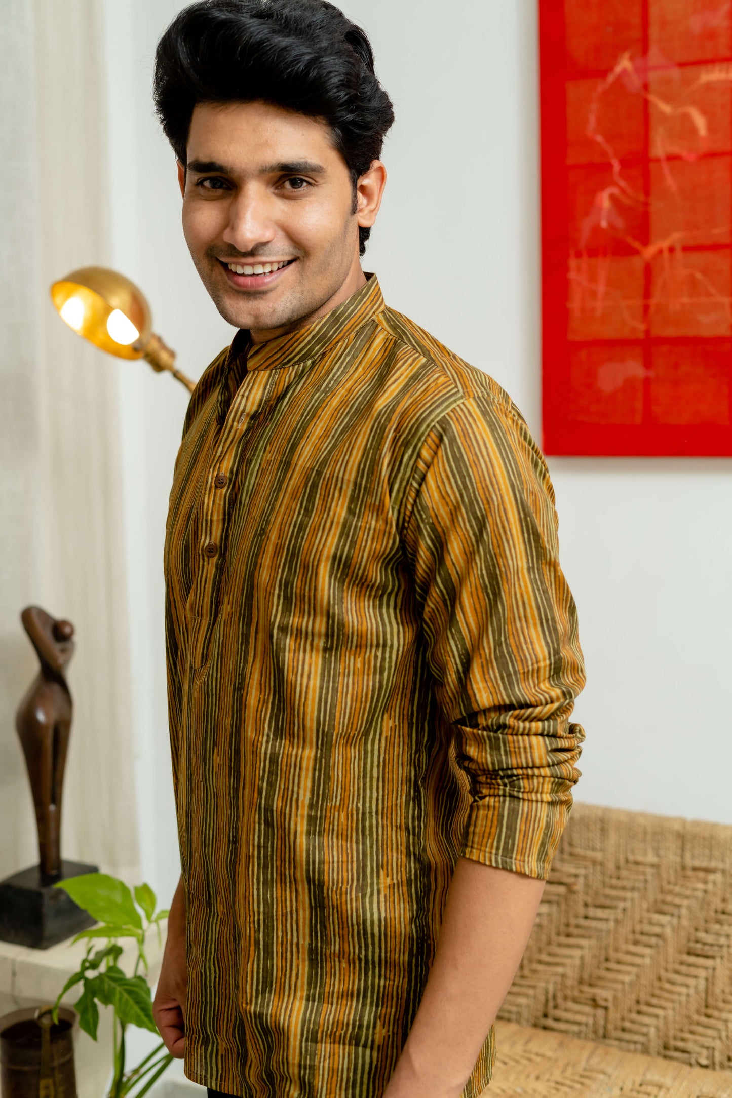 The Mustard And Olive Green Tribal Stripe Print Short Kurta