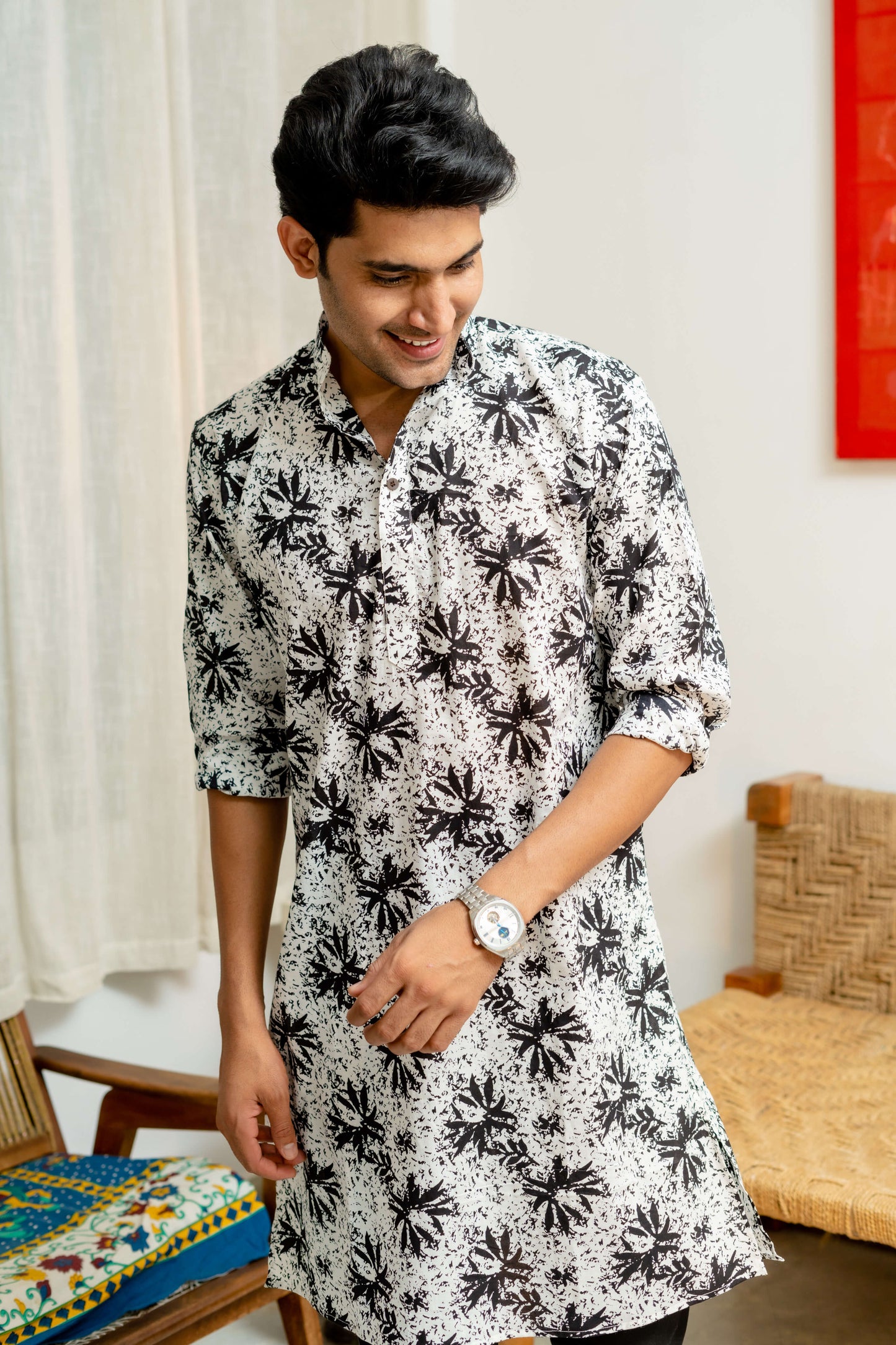 The White Long Kurta With Black Floral Beach Print
