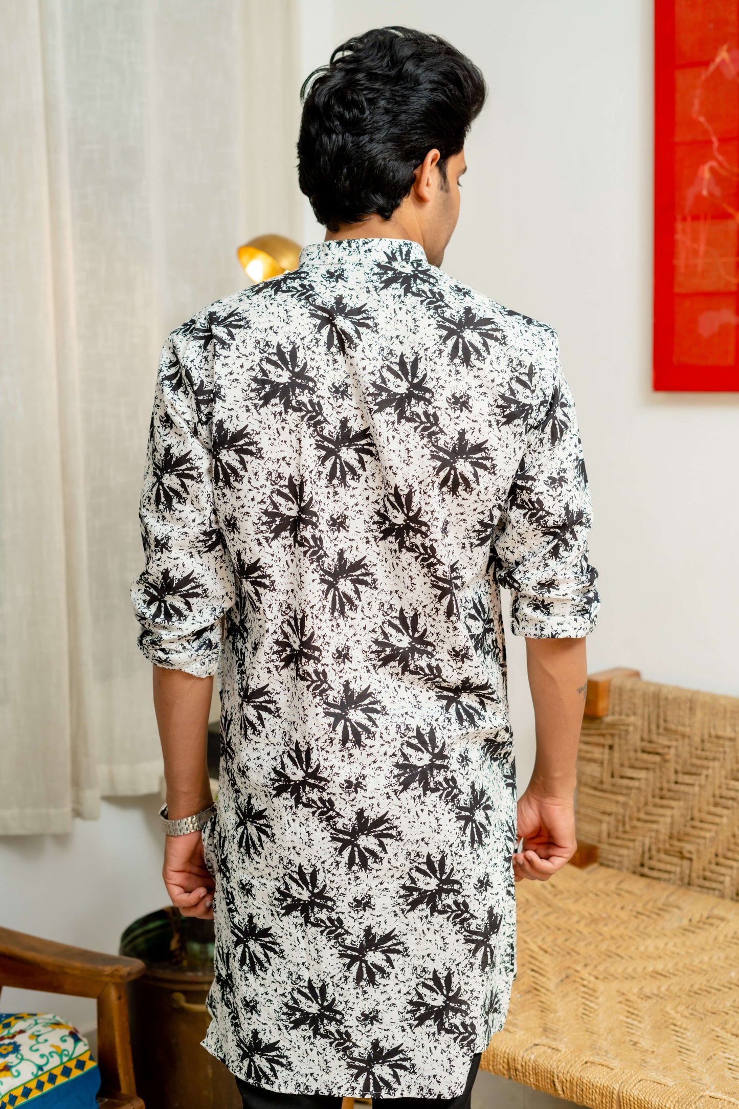 The White Long Kurta With Black Floral Beach Print