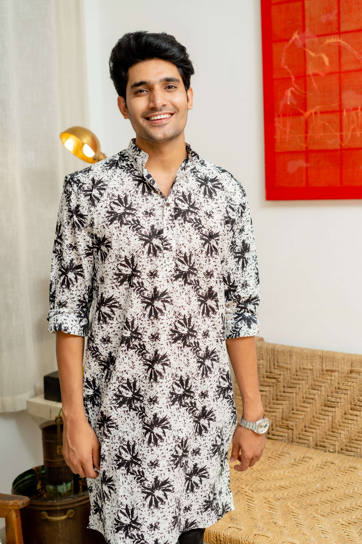 The White Long Kurta With Black Floral Beach Print