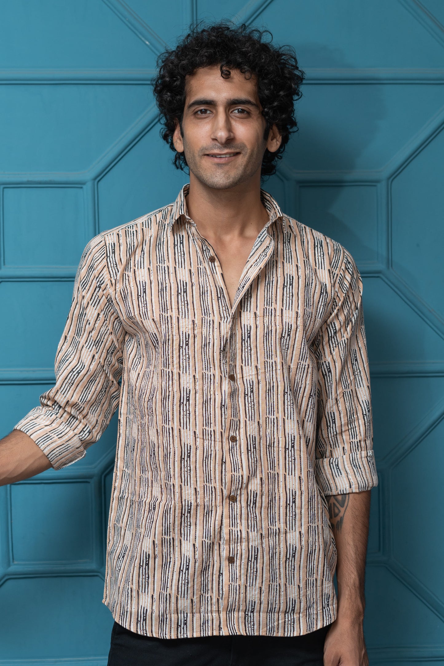 The Light Brown Tribal Print Shirt With Kantha Work