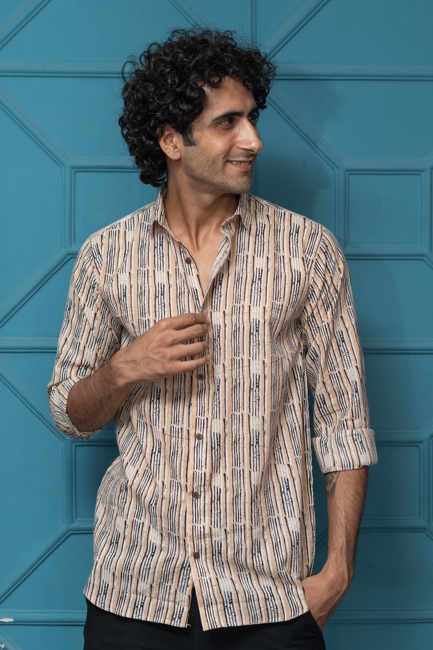 The Light Brown Tribal Print Shirt With Kantha Work