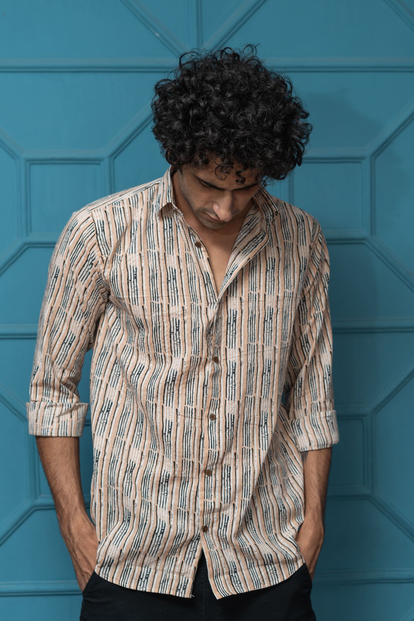 The Light Brown Tribal Print Shirt With Kantha Work