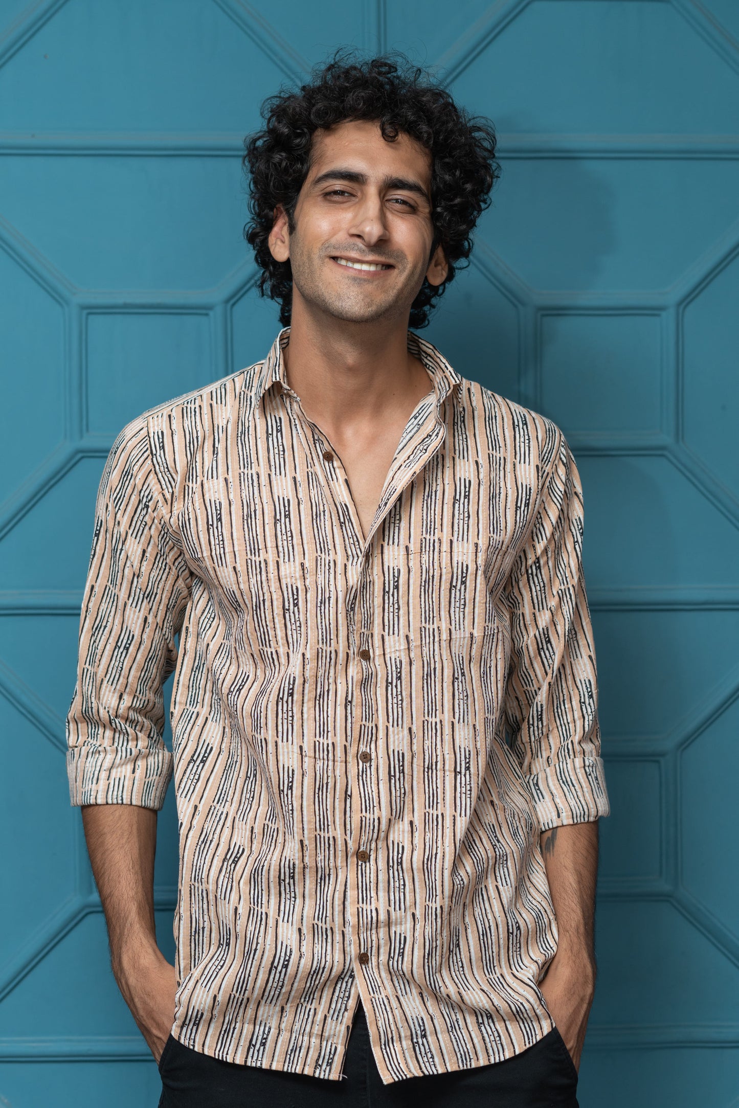 The Light Brown Tribal Print Shirt With Kantha Work