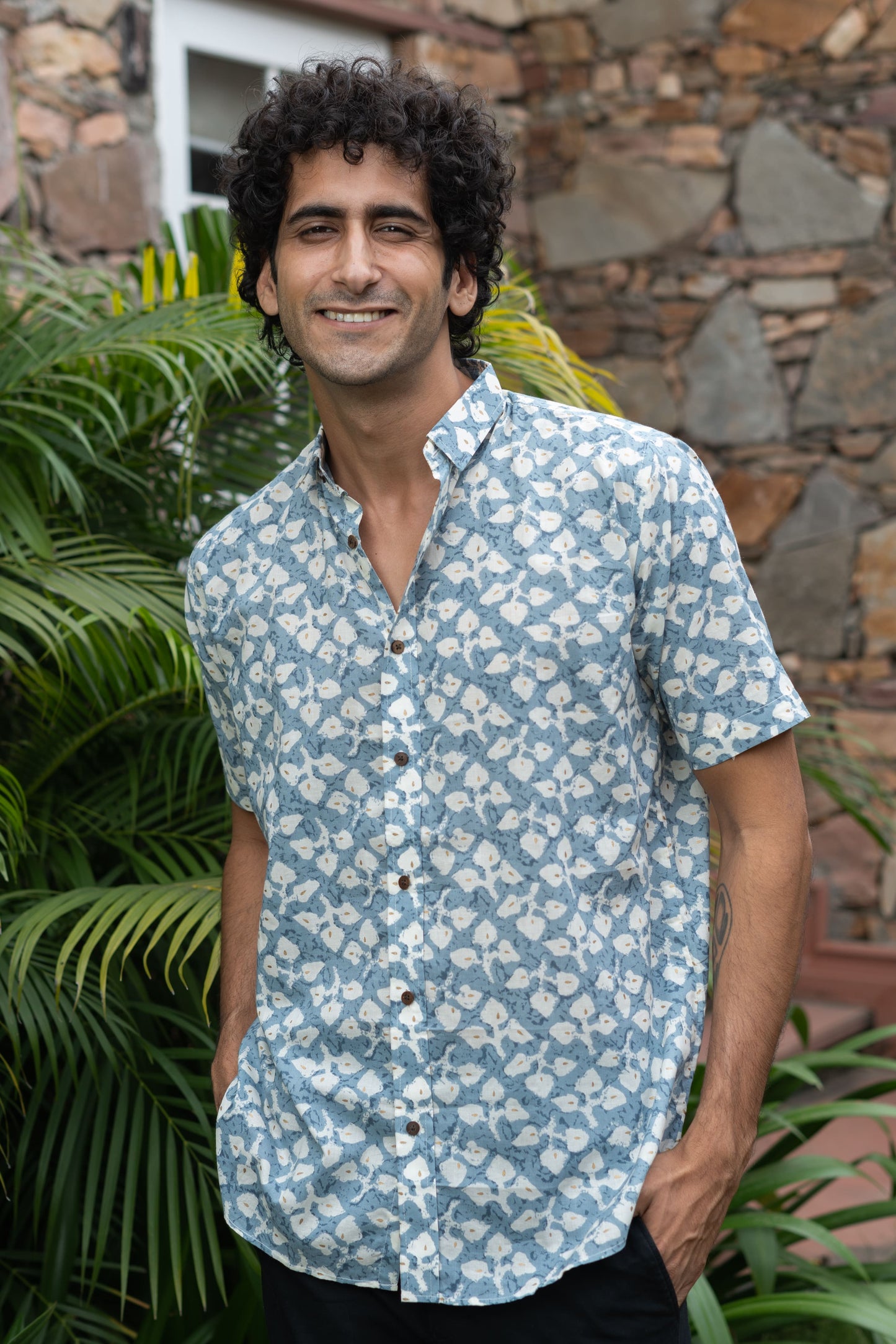 The Sky Blue Half Sleeves Shirt In Floral Foil Print