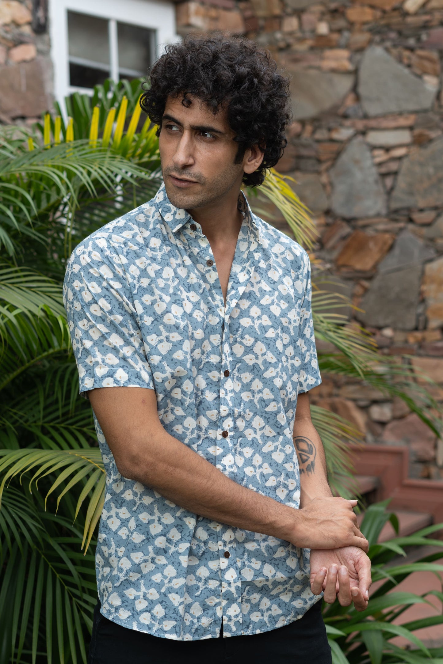 The Sky Blue Half Sleeves Shirt In Floral Foil Print