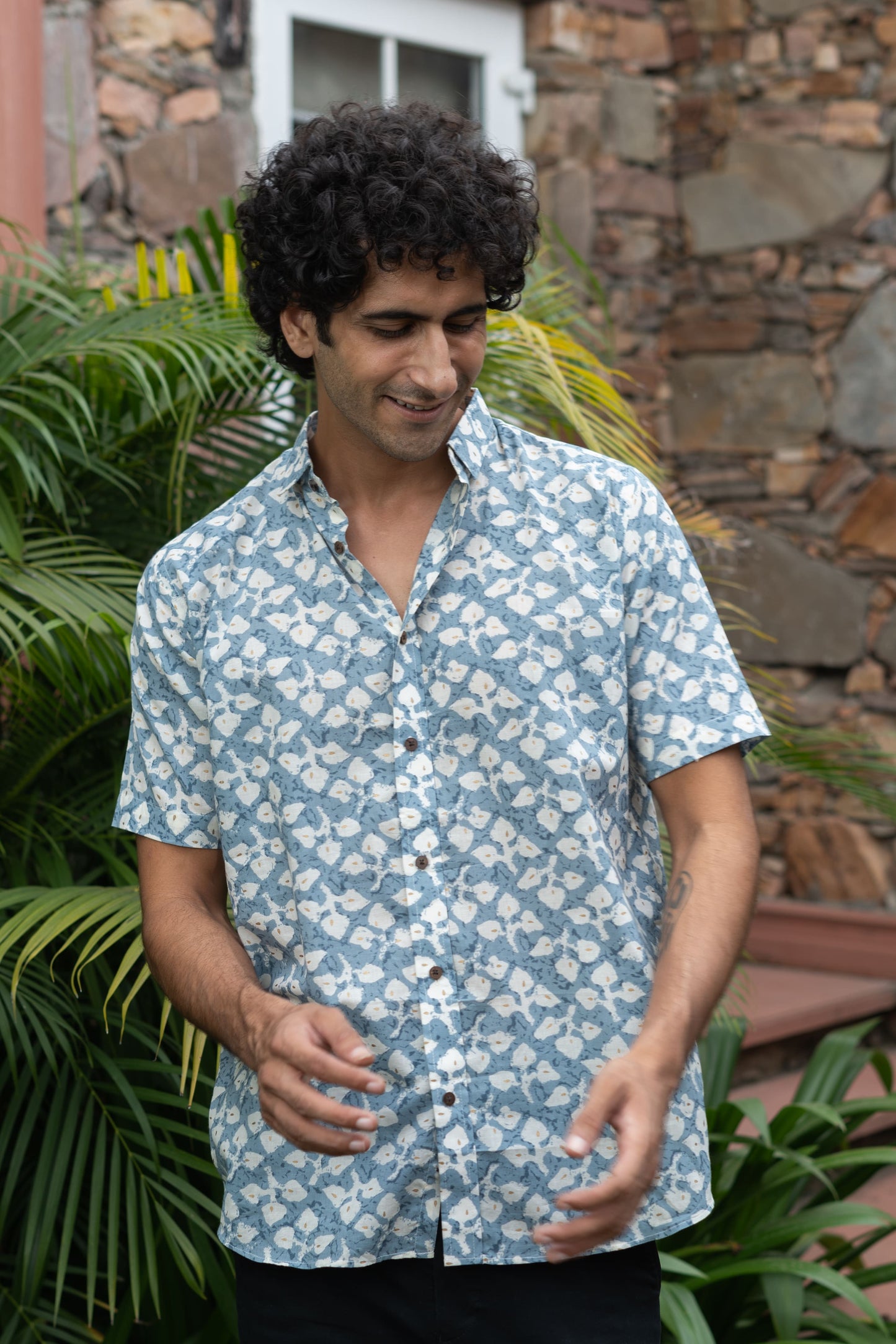 The Sky Blue Half Sleeves Shirt In Floral Foil Print