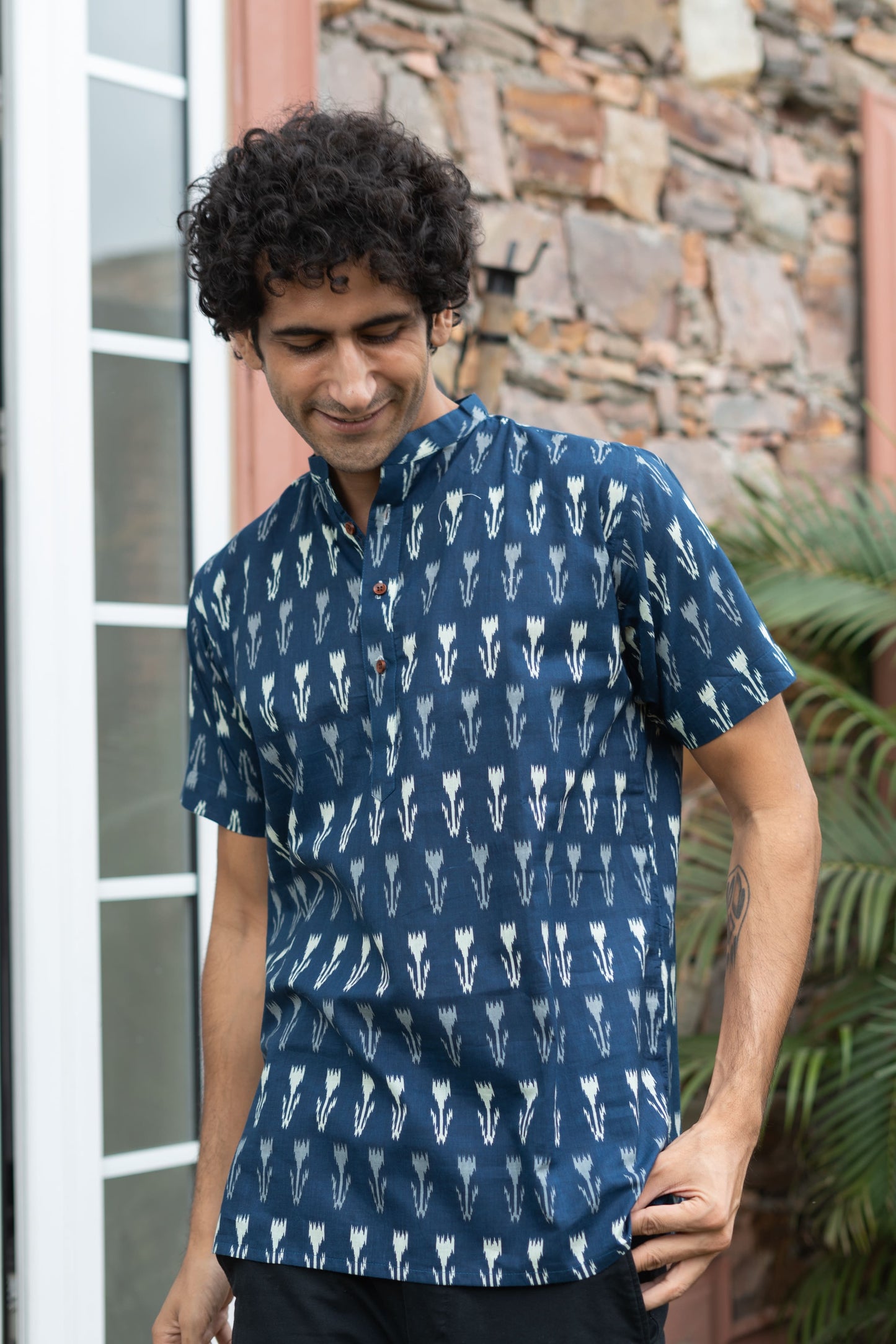 The Navy Blue Ikat Print Half Sleeves Short Kurta