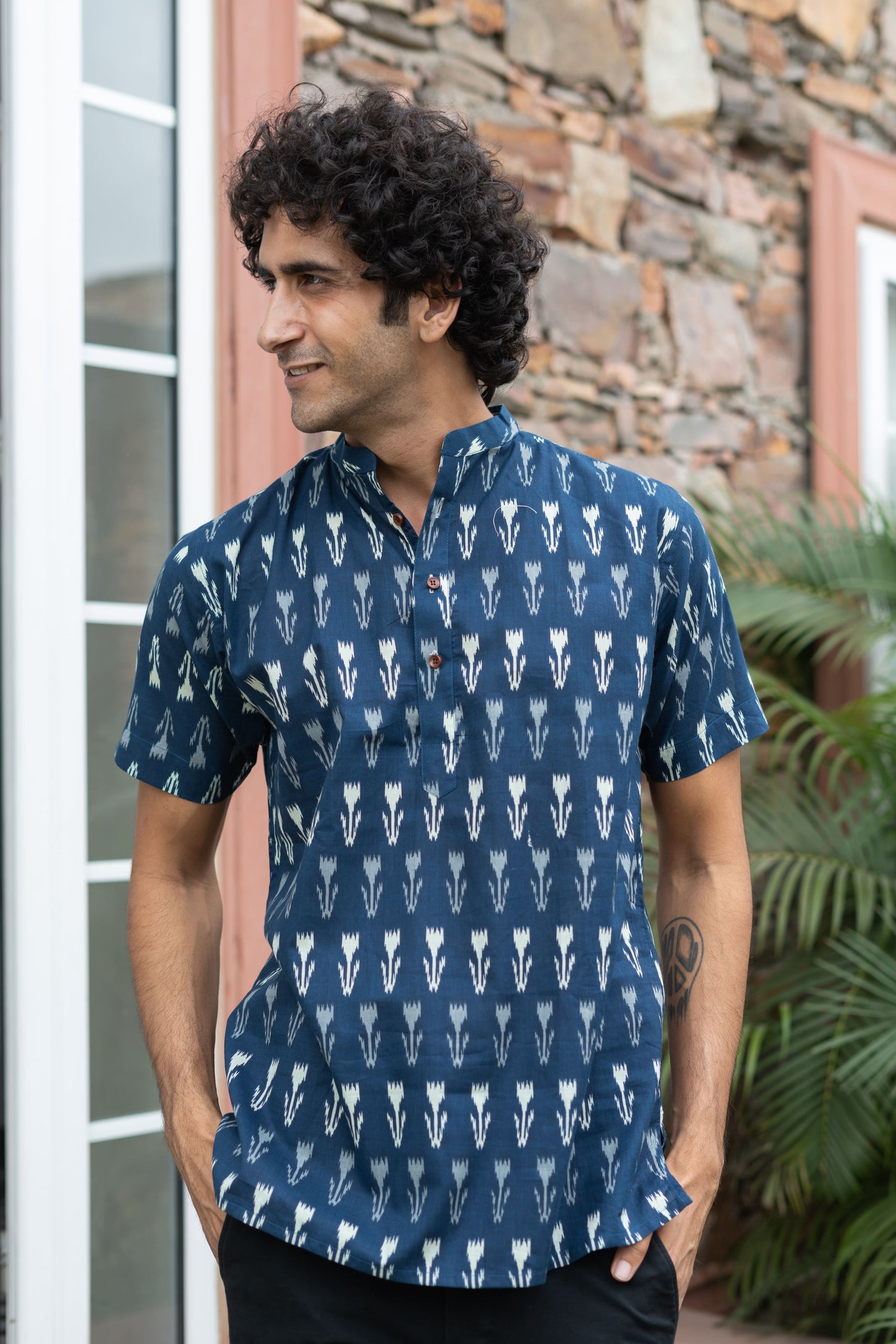 The Navy Blue Ikat Print Half Sleeves Short Kurta