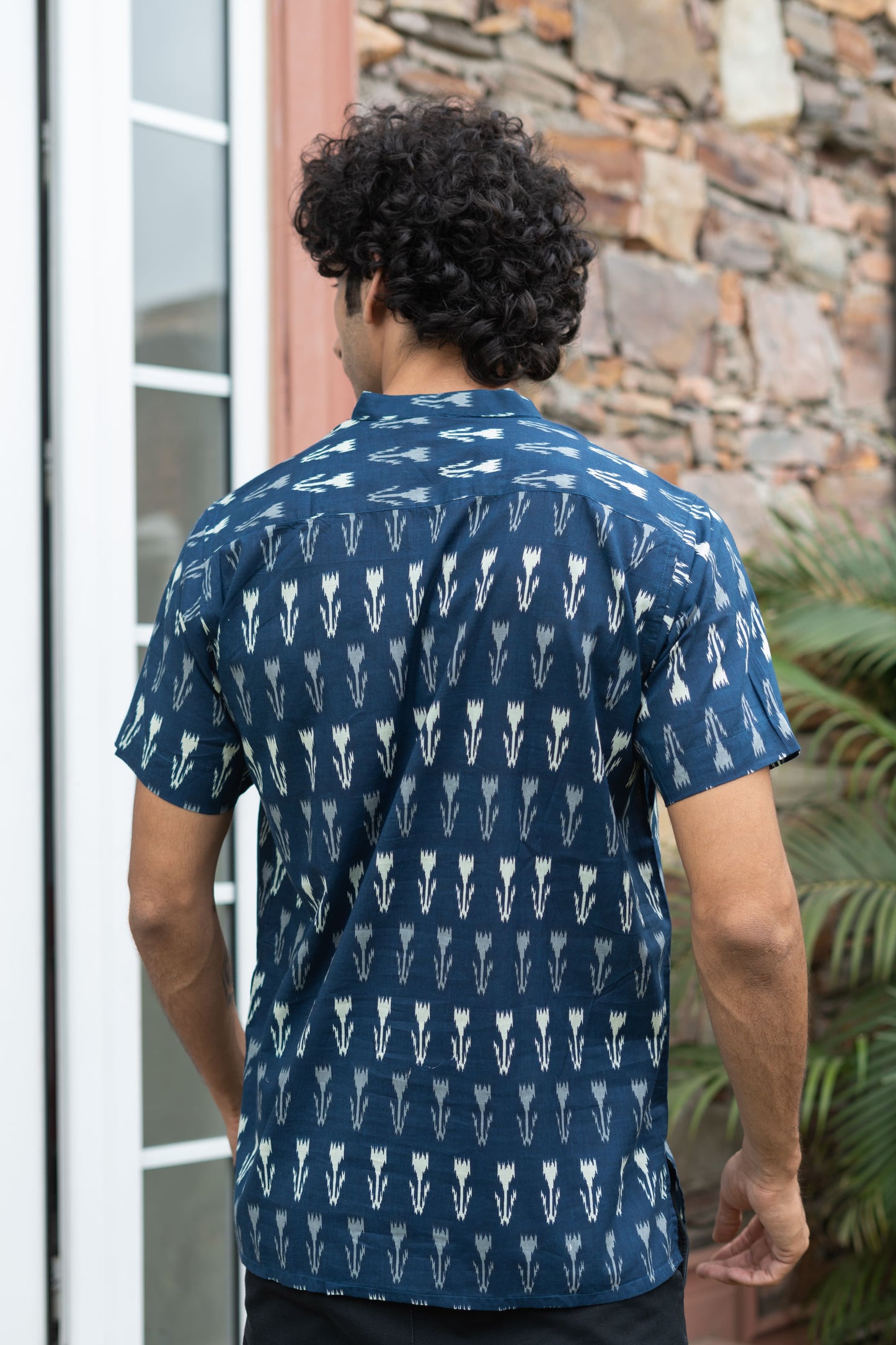 The Navy Blue Ikat Print Half Sleeves Short Kurta