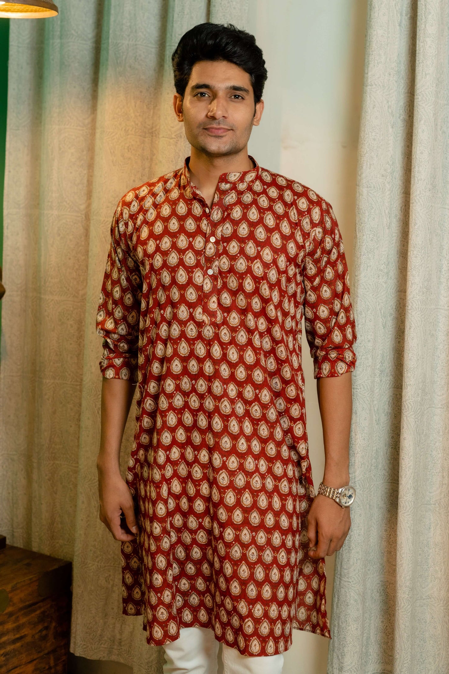 The Bagru Red Floral Print Long Kurta