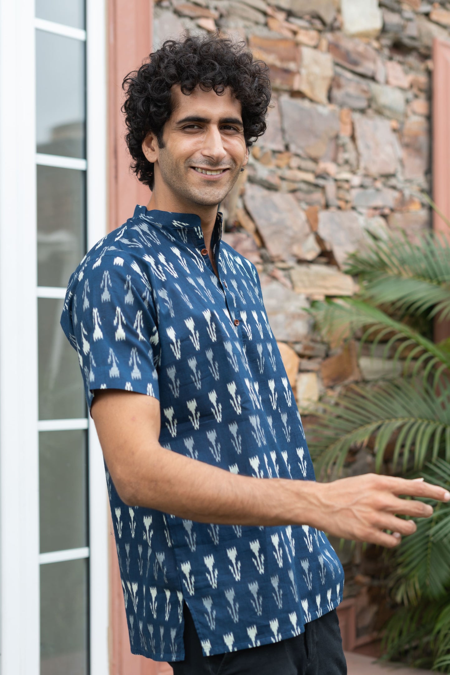 The Navy Blue Ikat Print Half Sleeves Short Kurta