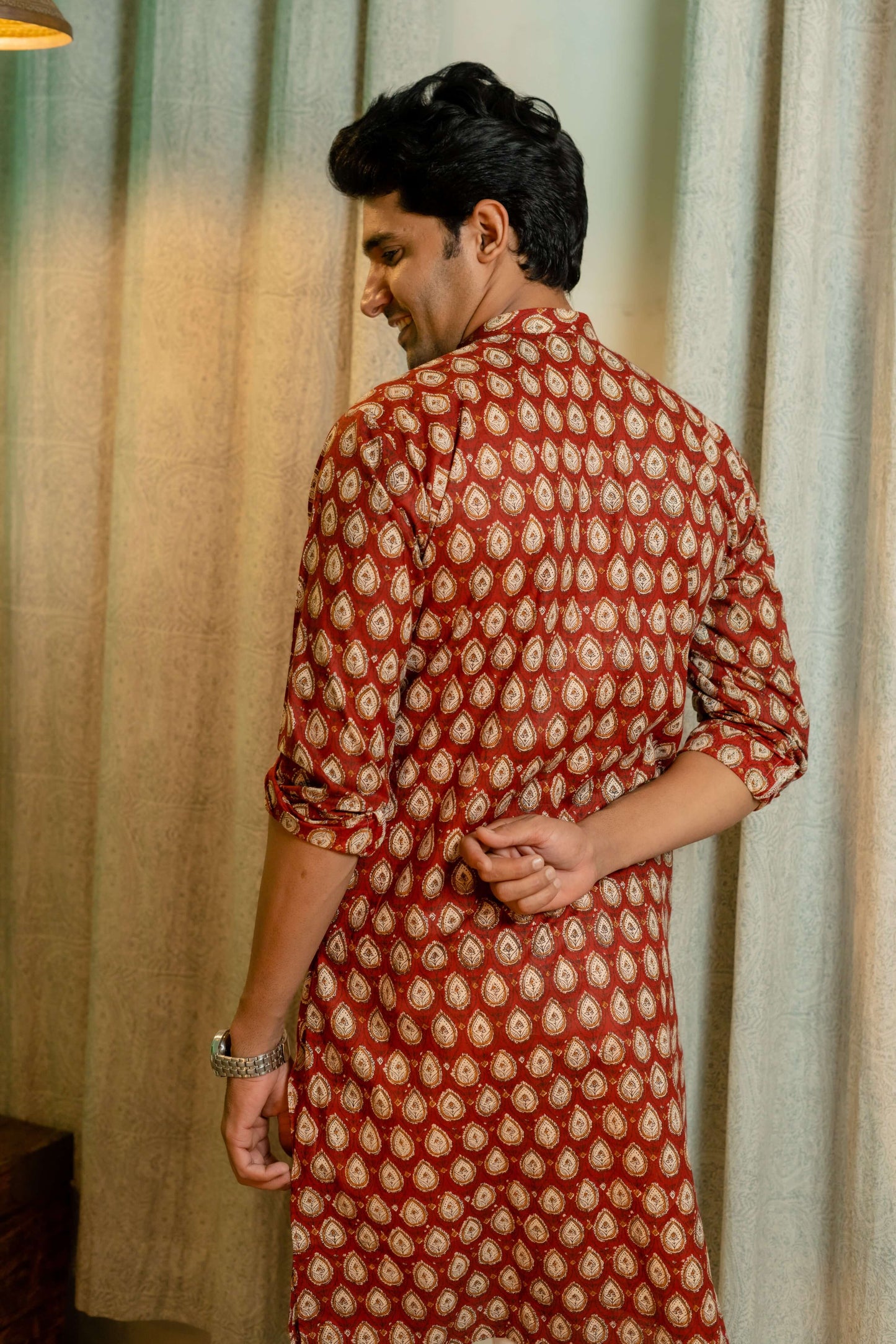 The Bagru Red Floral Print Long Kurta
