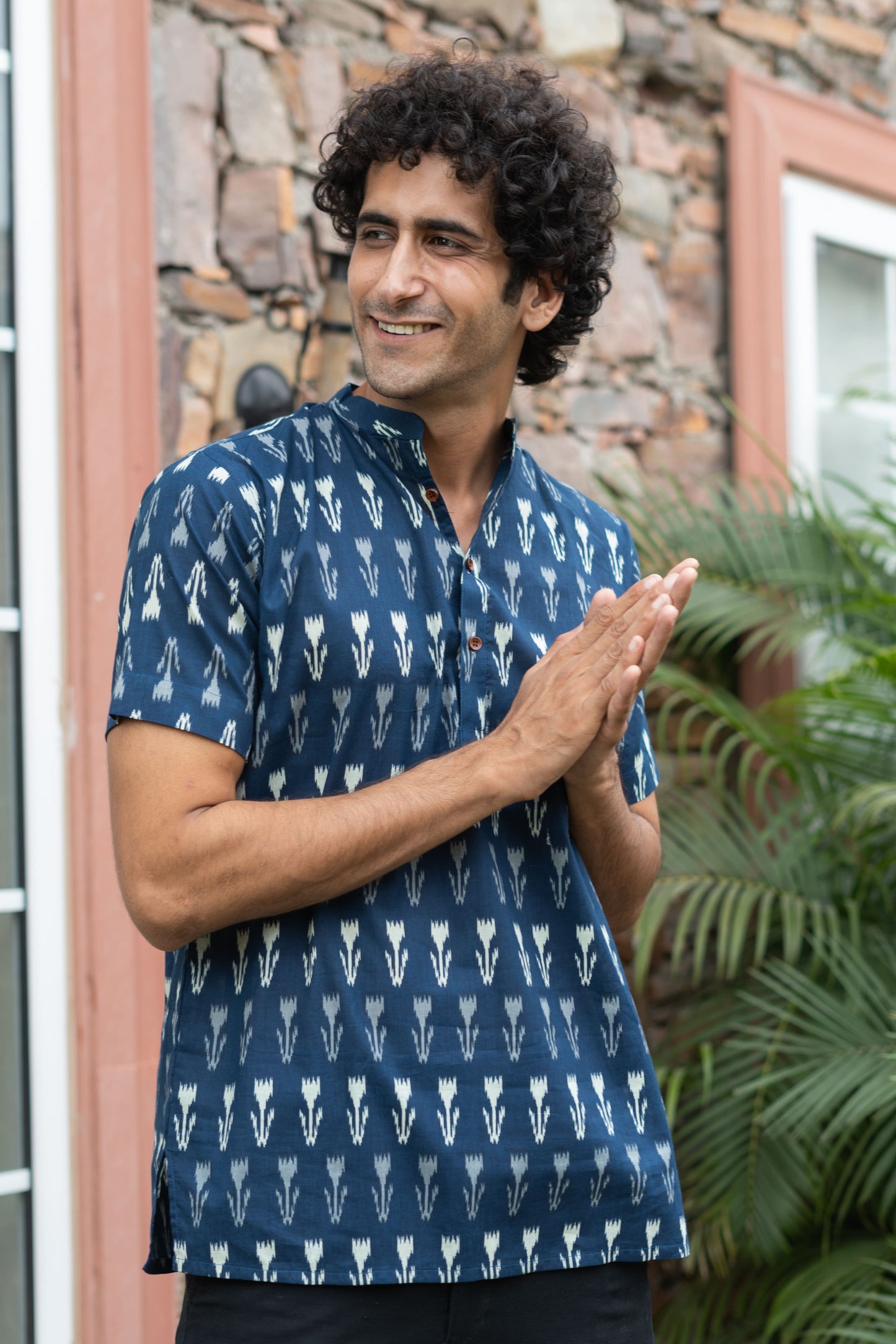 The Navy Blue Ikat Print Half Sleeves Short Kurta