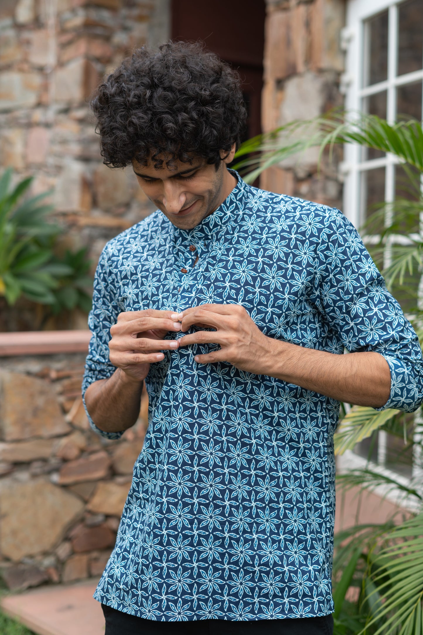 The Navy Blue All-Over Floral Print Short Kurta