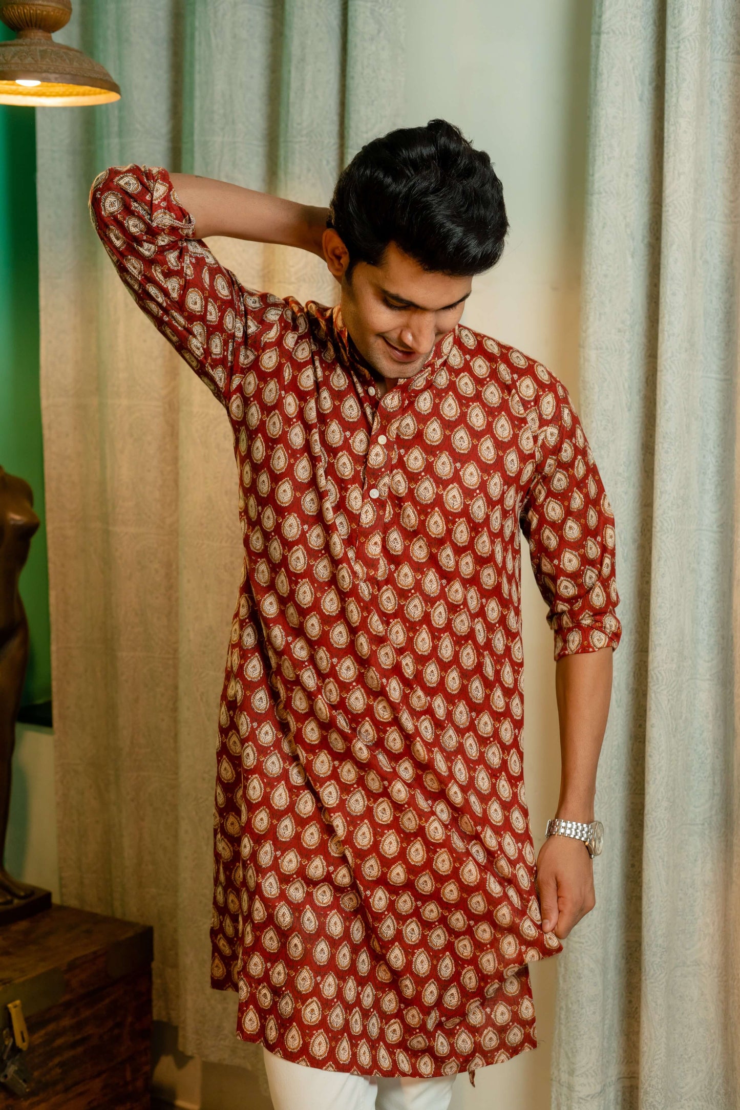 The Bagru Red Floral Print Long Kurta
