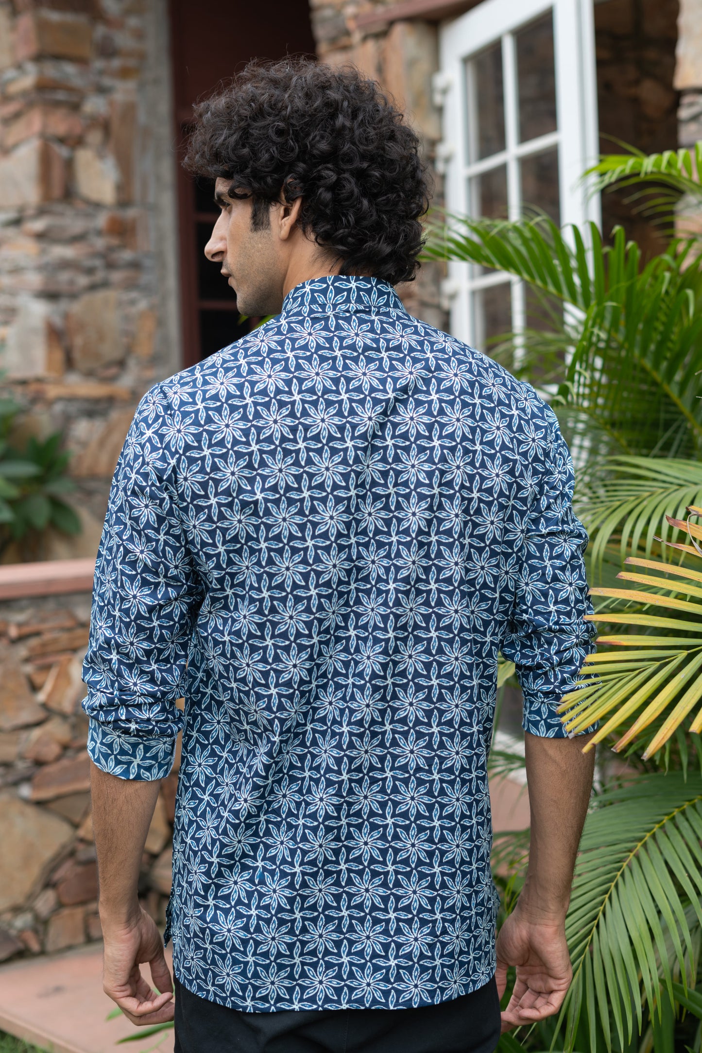 The Navy Blue All-Over Floral Print Short Kurta
