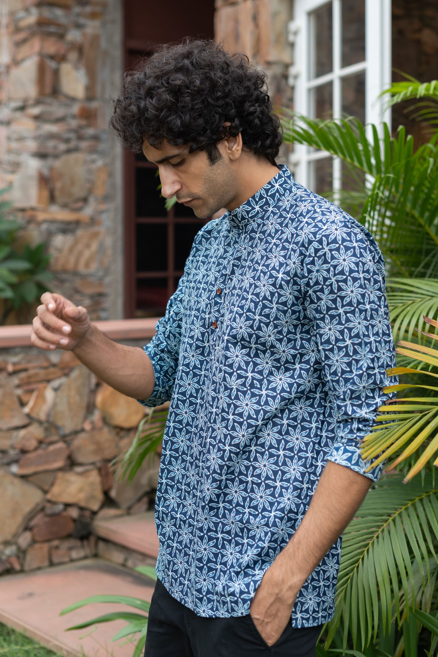 The Navy Blue All-Over Floral Print Short Kurta