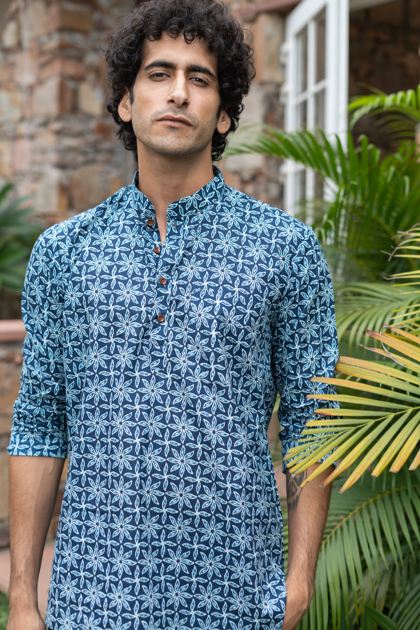 The Navy Blue All-Over Floral Print Short Kurta