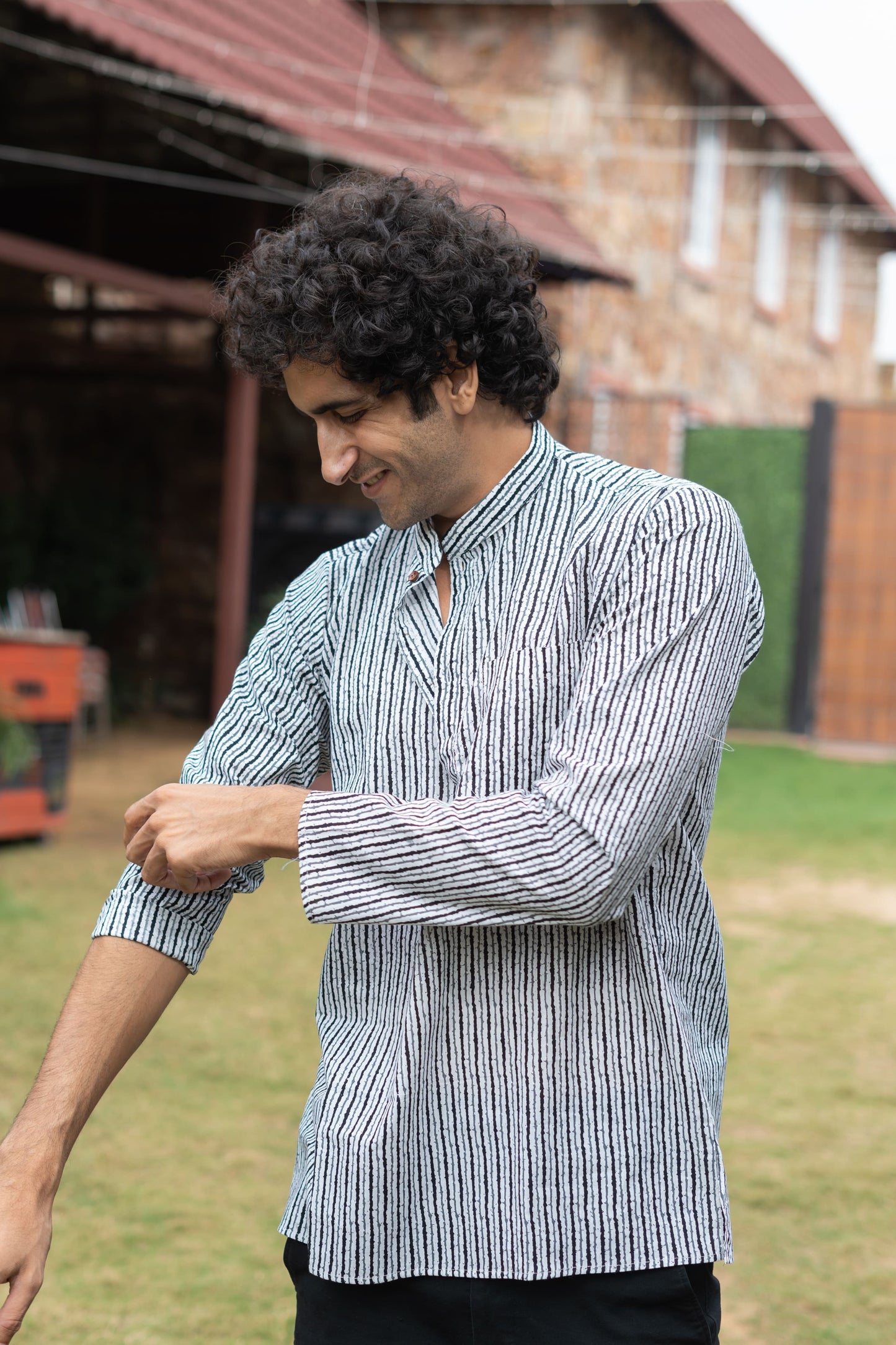 The White And Black Tribal Stripe Print Short Kurta