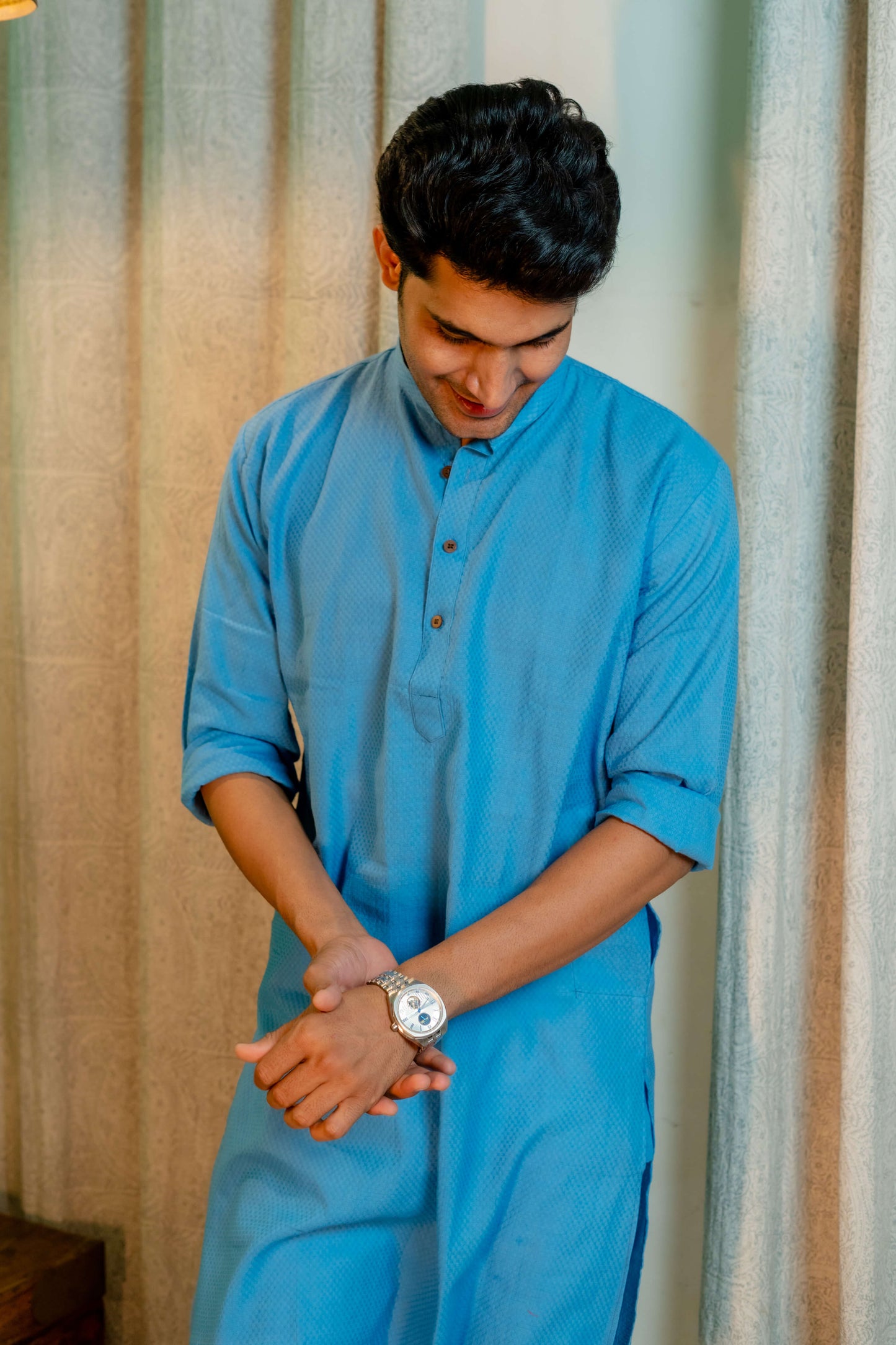 The Powder Blue Colour Long Kurta In Woven Dobby Cotton