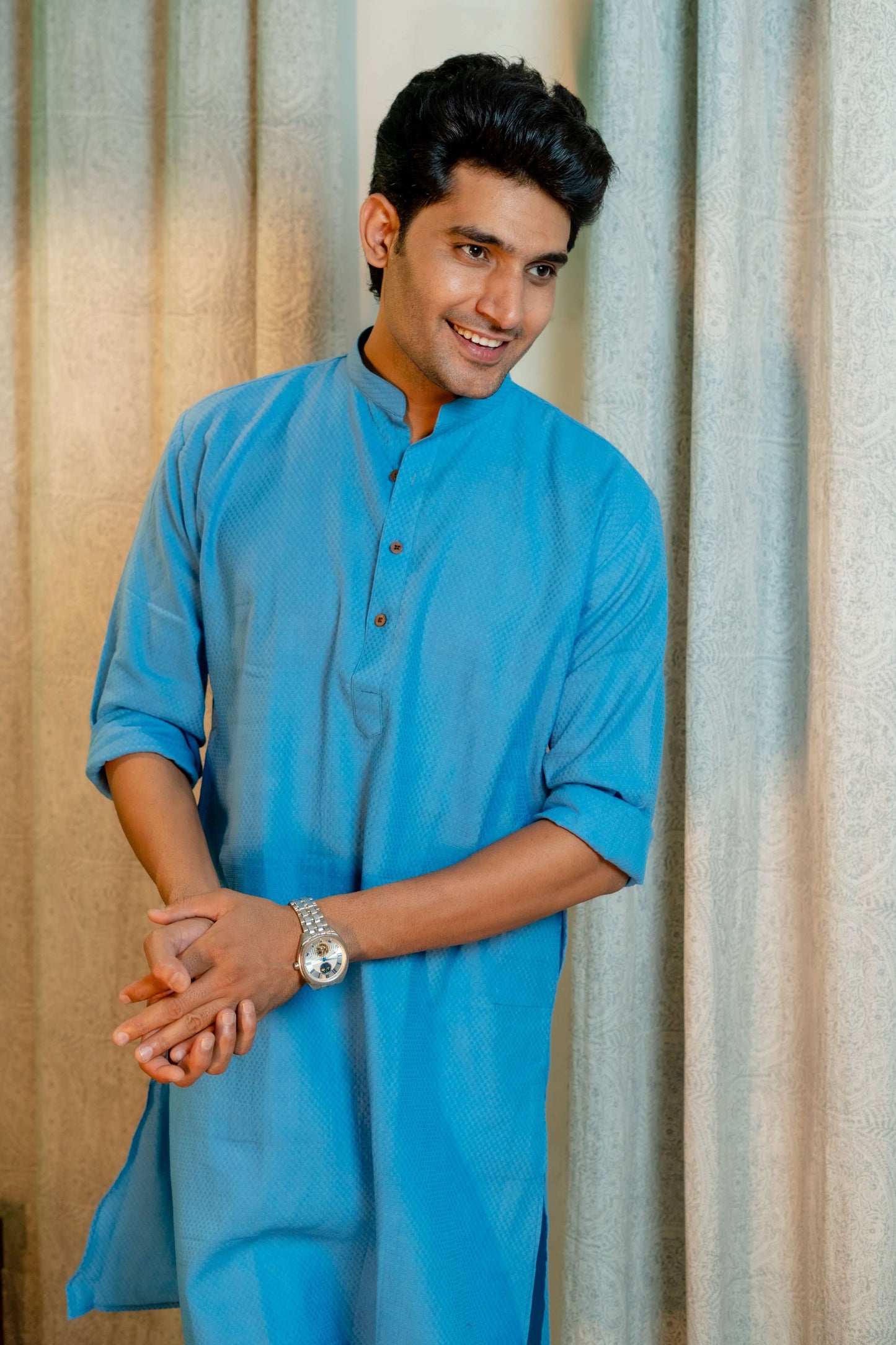 The Powder Blue Colour Long Kurta In Woven Dobby Cotton