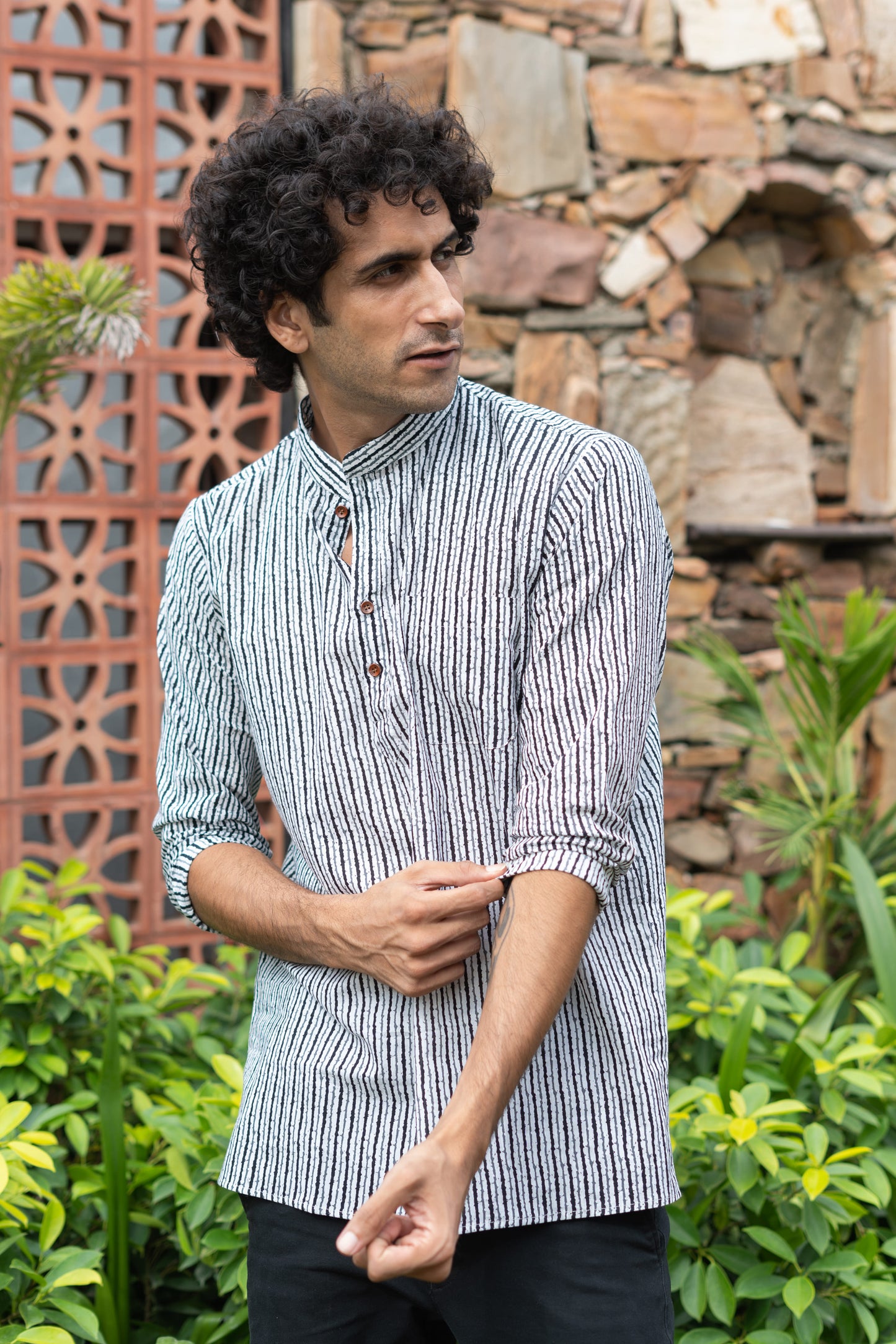 The White And Black Tribal Stripe Print Short Kurta